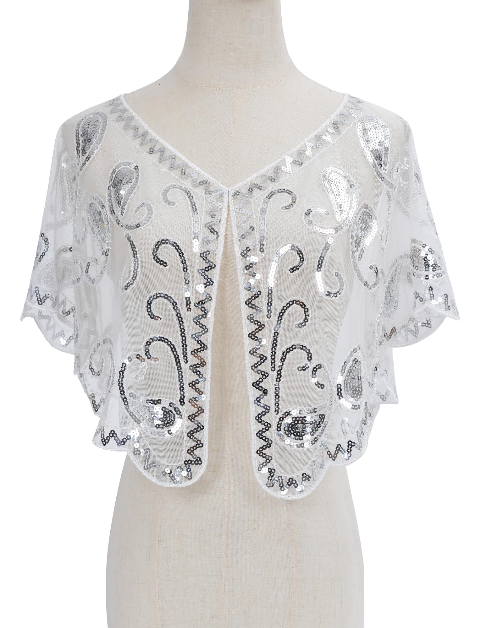 Ausing Women's 1920s Shawl Sequin Evening Cape Flapper Shrug Great Gatsby Retro Tulle Shawls Vintage Mesh Shawl Wraps Shiny Short Art Deco Wrap Bridal Party Wedding Cover Up White - Image 3