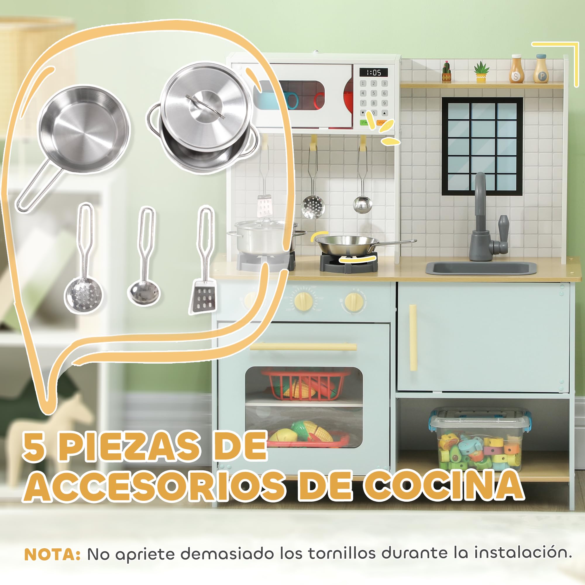 AIYAPLAY Cocina de Juguete para Niños +3 Años Cocina de Madera Infantil Cocinita Infantil con Sonido Fogón Horno Grifo Fregadero Microondas y Accesorios de Cocina Azul