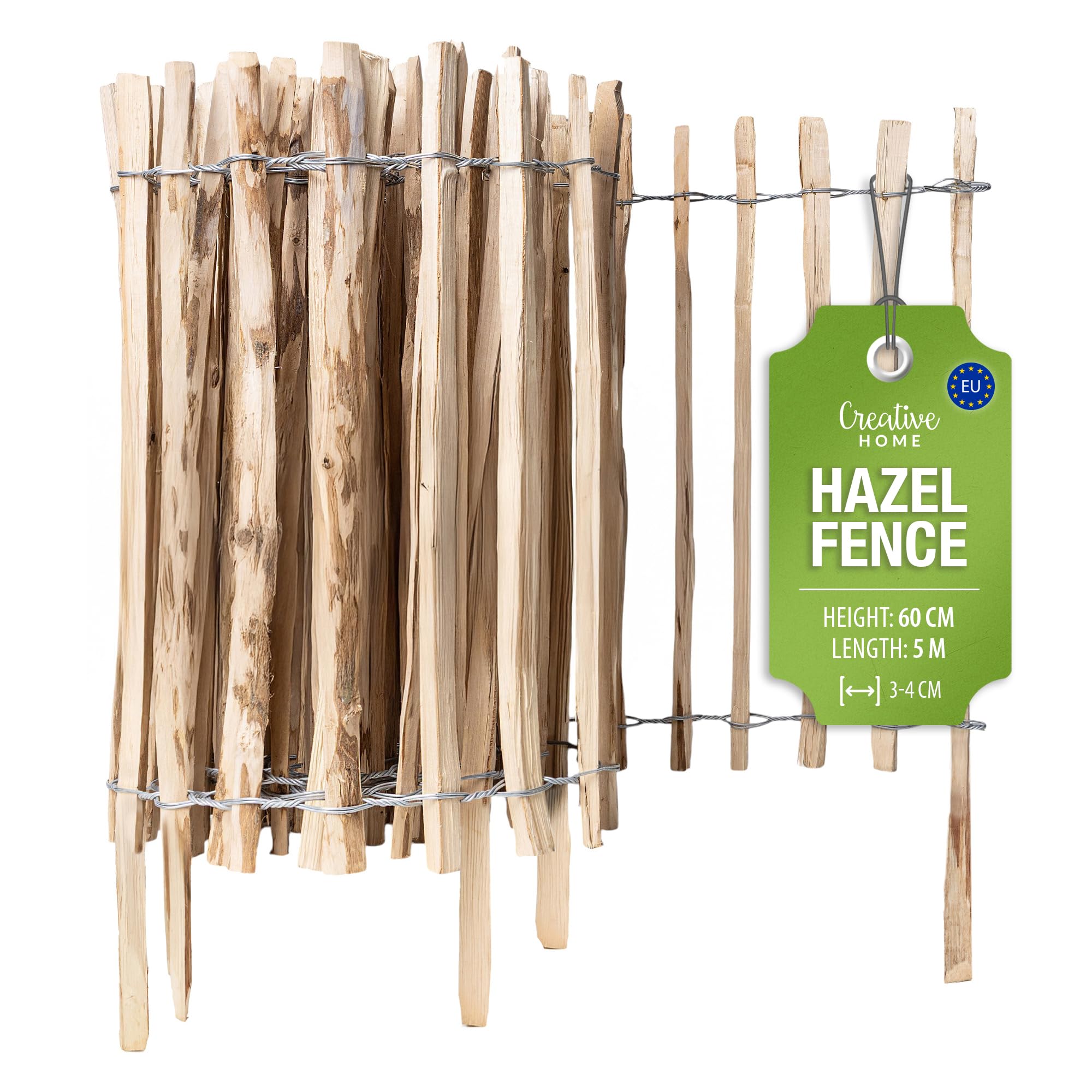 Creative Home Hazel Fence Hazel Hurdle | Picket Fence 60cm High & 5m Long | Roll Fence | Slat Spacing 3-4cm | Ideal as a Flower Border Garden Decoration Garden Fence | Walnut Wood