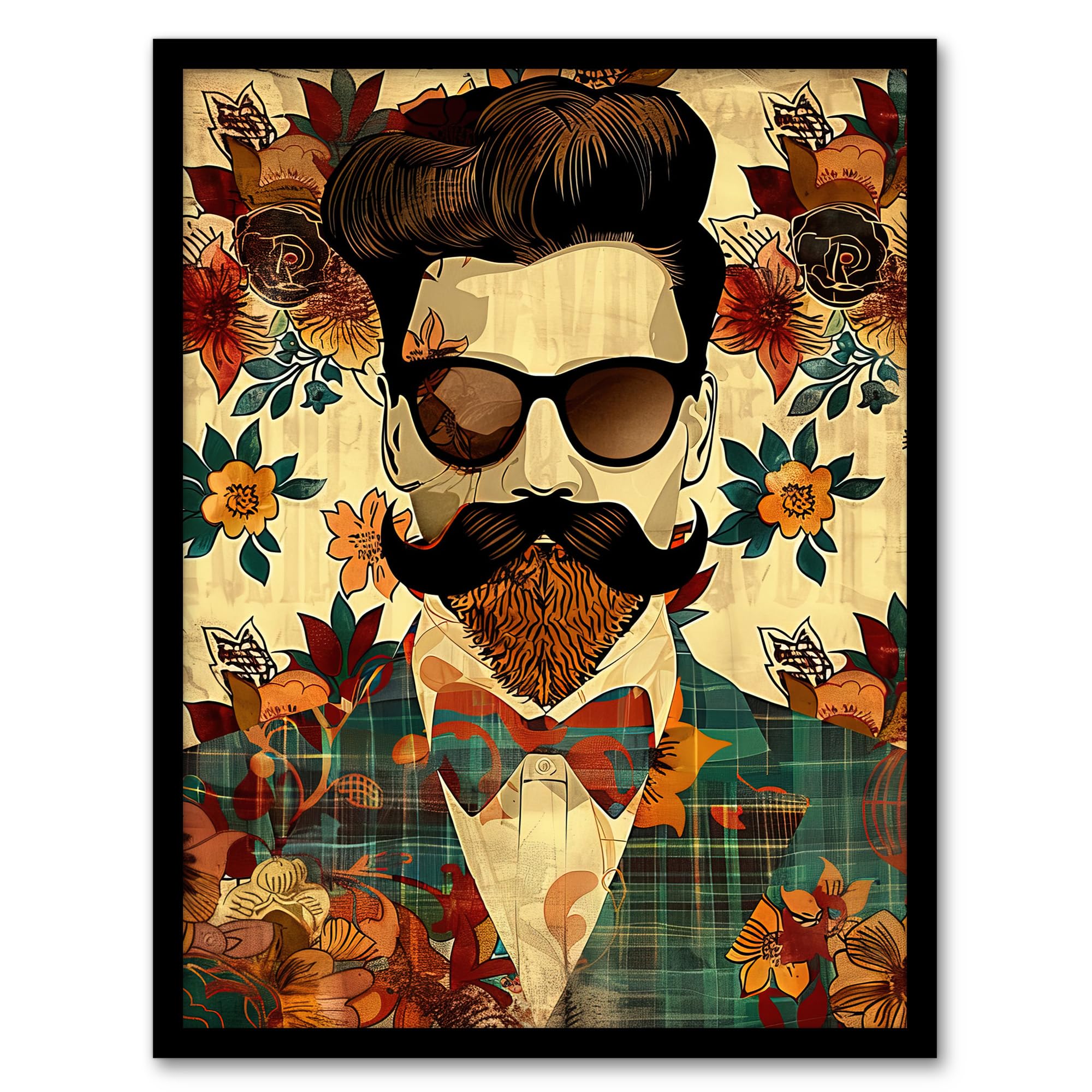 Artery8 Hipster Man Portrait Flowers Moustache Pompadour Living Room Artwork Framed Wall Art Print A4