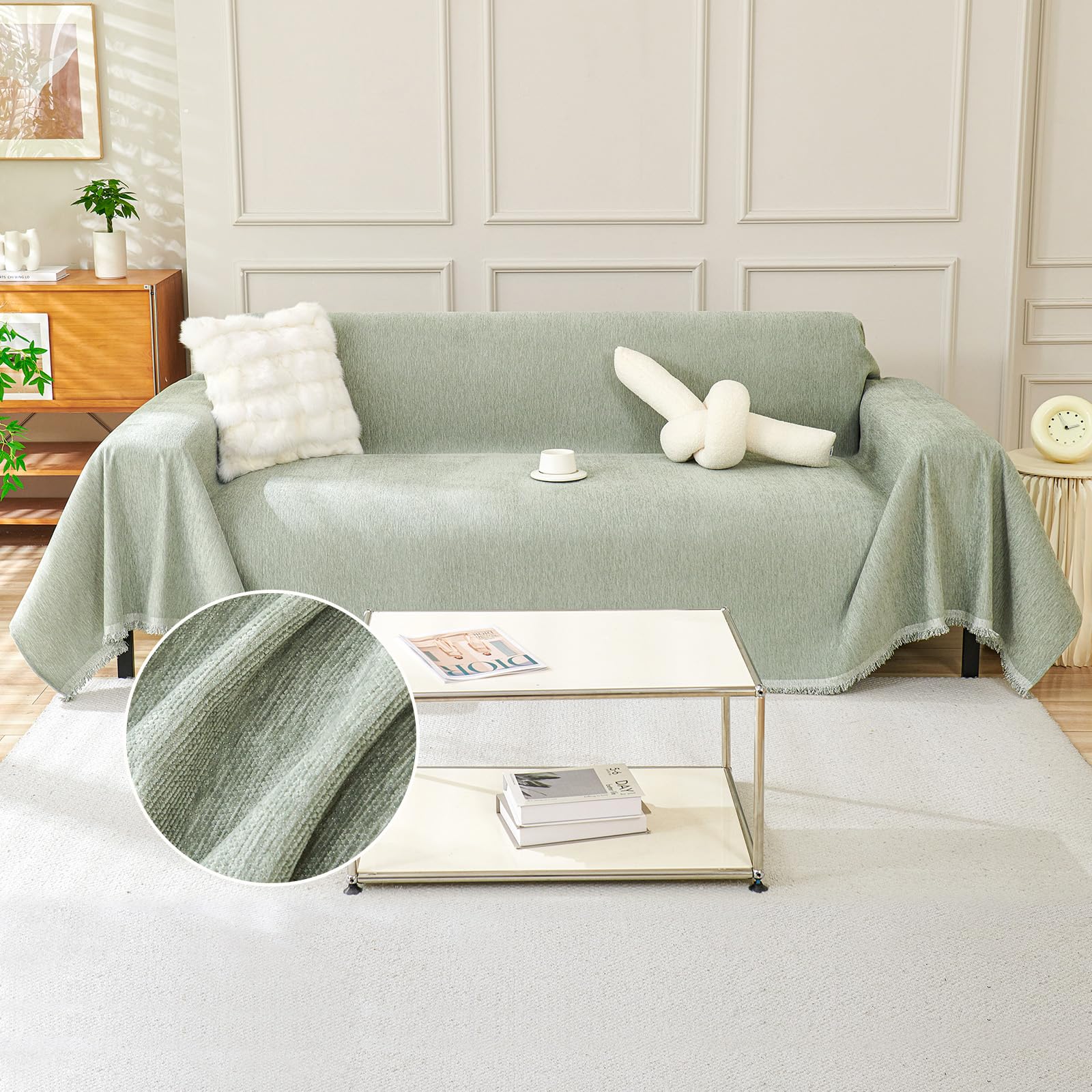 TAOTAOGO Sofa Cover 2 3 Seater Chenille Corner Sofa Slipcover Washable L Shape Sofa Covers Sectional Couch Cover with Tassel Furniture Protector for Pet Loveseat Futon Cover F Green 180x300cm