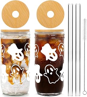 Halloween Cups, Ghost Decor 24oz Halloween Mug Mason Jar Glass Cups with Lids and Straws Ghost Tumblers Coffee Cups Cookie Jar Glasses Halloween Glassware Drinking Glasses Halloween Decorations Indoor