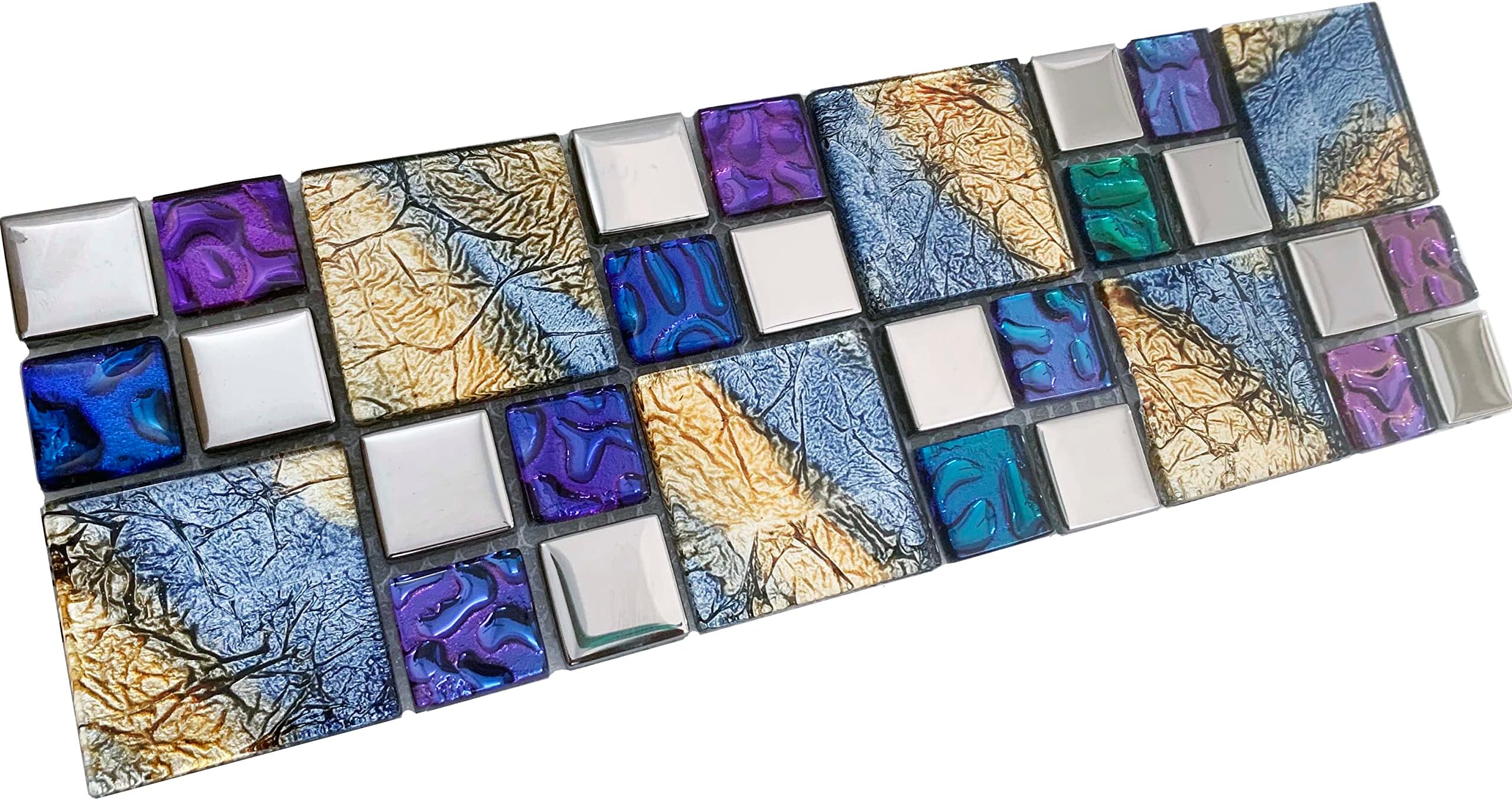 Hominter Iridescent Glass Tile Chrome Metallic Crystal Mosaic Colorful Texture Design for Kitchen Backsplash, Bathroom Walls, Accent Decor (3x12 Sample)