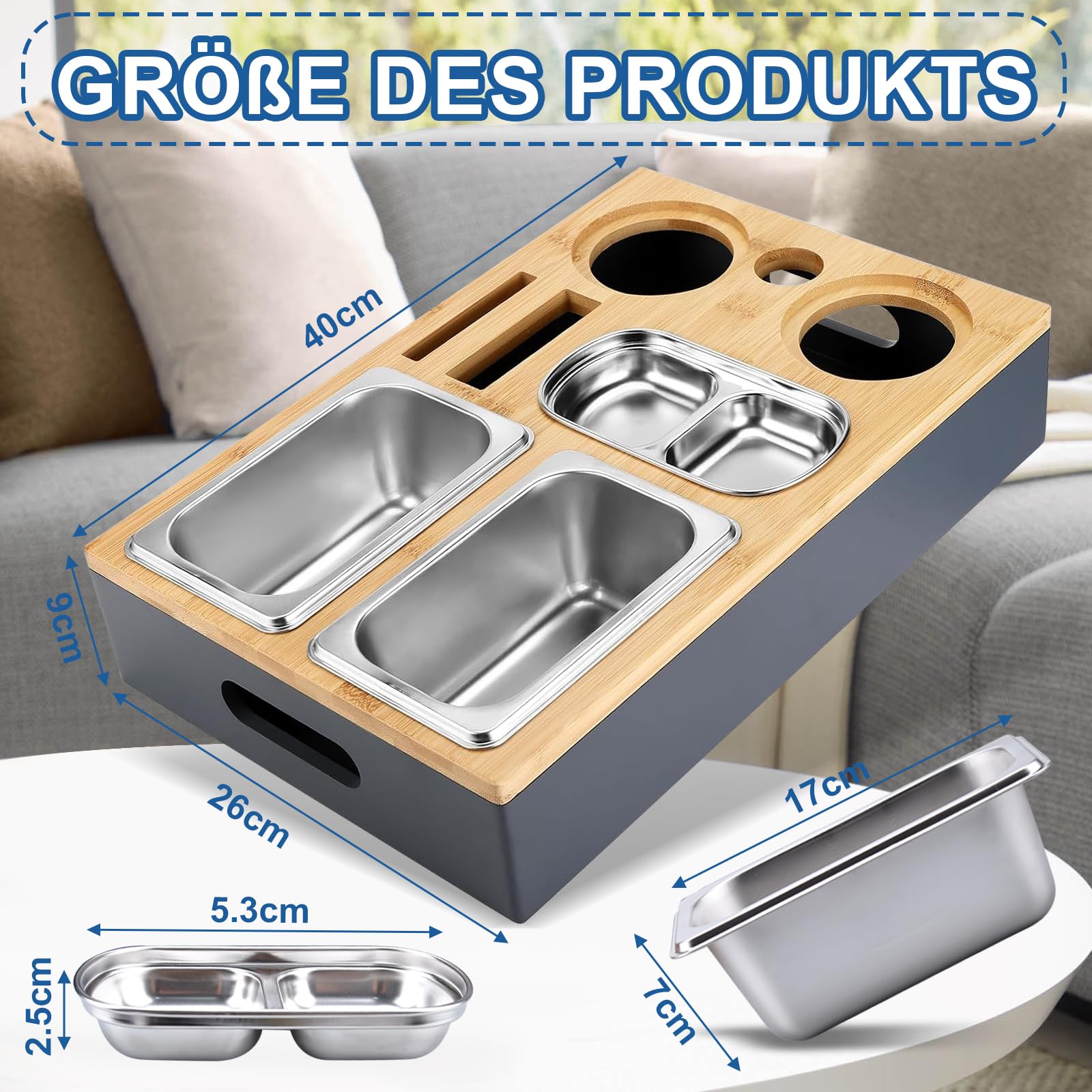 Vassoio Divano In Legno Con Ciotole Snack E Portabicchieri - Organizzatore Per Salotto