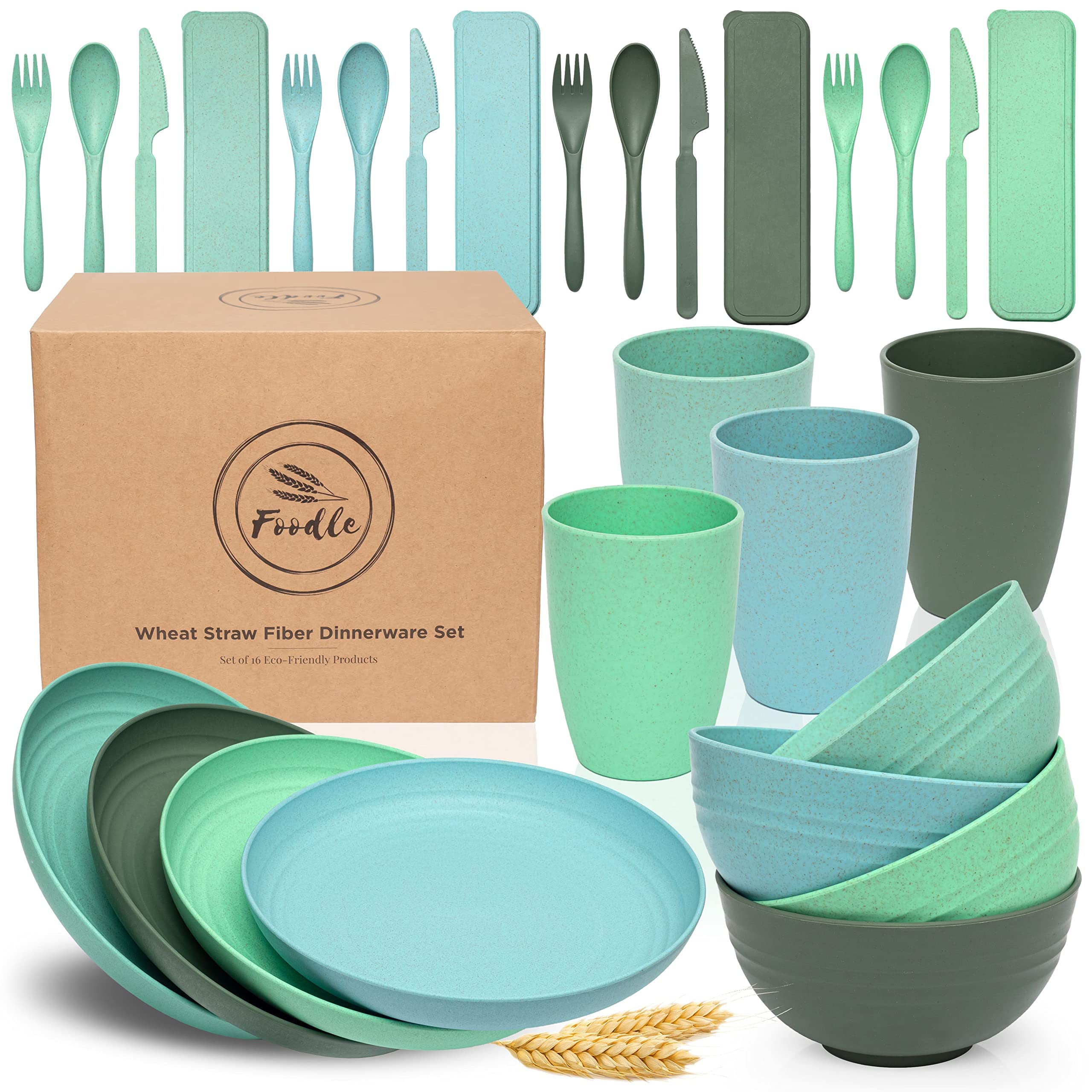 FOODLE Wheat Straw Dinnerware Set - BPA Free & Safety Tested - Microwave & Dishwasher Safe Dishes - Perfect for Camping, Picnic, RV, Dorm - Plates, Cups and Bowls - Great for Kids & Adults - For 4