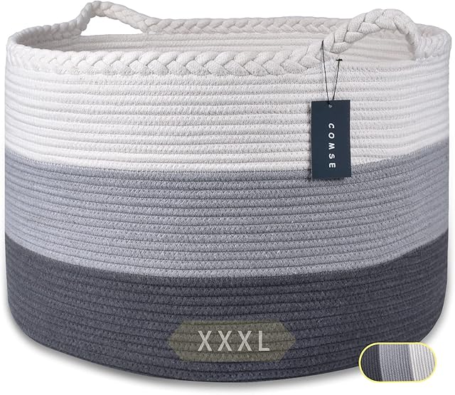 COMSE Extra Large Blanket Basket, Storage Basket, Rope Laundry Basket, 55 x 35 CM, Cotton Rope Basket, XXXL Laundry Basket, Toy Basket, Woven Basket, Clothes Baskets, White/Gray