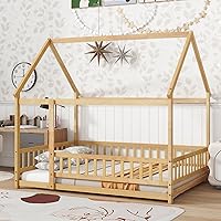 Vista 17 de Bellemave Cama de Tamaño Matrimonial de Piso Tipo Casa, Cama Montessori de Madera con Valla y Techo para Niños, Base de Cama Completa Tipo Casa