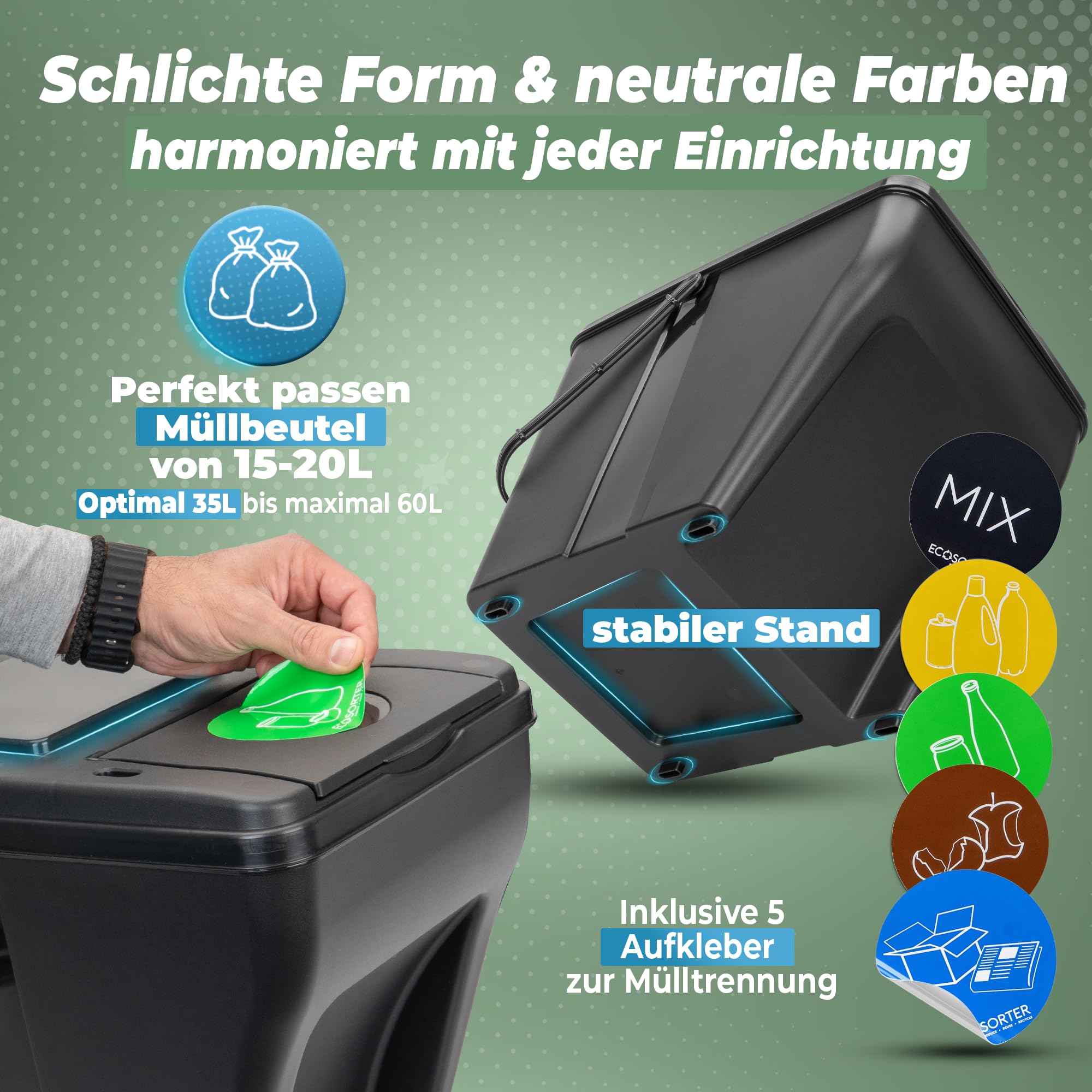 Novaliv Mülltrennsystem Set - 3x 25L Mülleimer Trennsystem - Mülleimer 4 Fächer - Mülltrennsysteme stapelbar - Mülltrennung Recycling Behälter - Abfalltrennsystem - Müll Organizer Müllsortierer