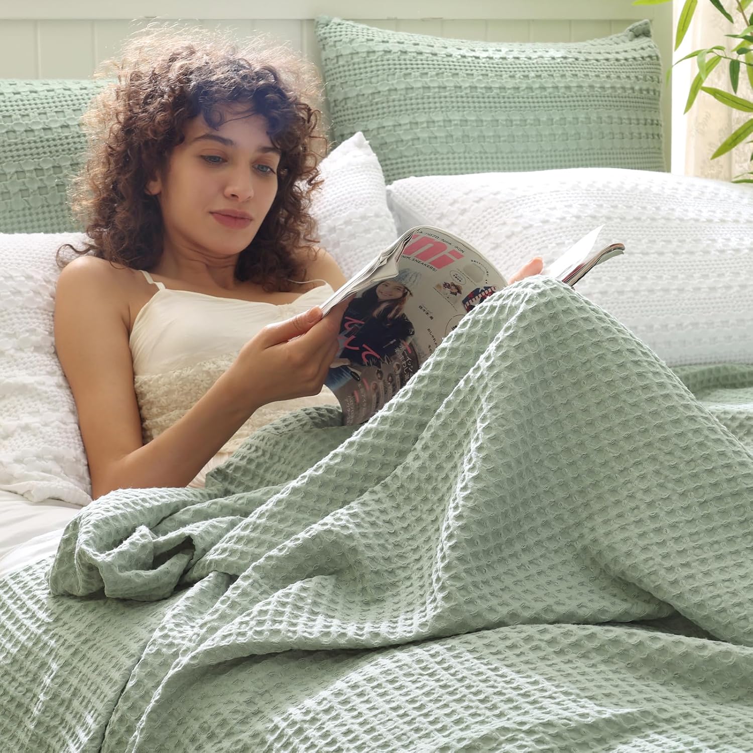PHF Ultra Soft Waffle Weave Blanket King Size 104"x 90"- Washed Lightweight Breathable Cozy Woven Blanket for Bed - Aesthetic Decor for Couch Bedding Sofa Home Car - Sage Green/Mint Green - Image 8