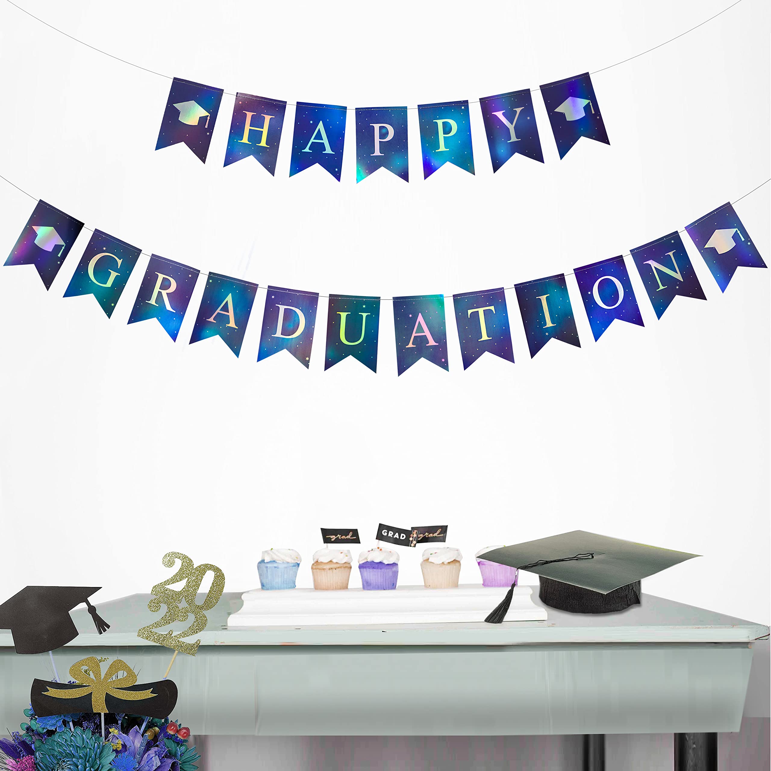 Cheerland Iridescent Happy Graduation Banner 2025 Blue Pre-strung Grad Garland Glitter Fishtail Flag Hanging Streamer for High School College Kindergarten Prom Party Decorations and Supplies