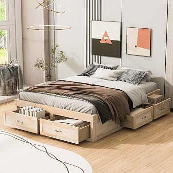 CITYLIGHT Queen Size Platform Bed with 6 Drawers, Wooden Queen Bed Frame with Storage and Wood Slat Support, Antique Natural