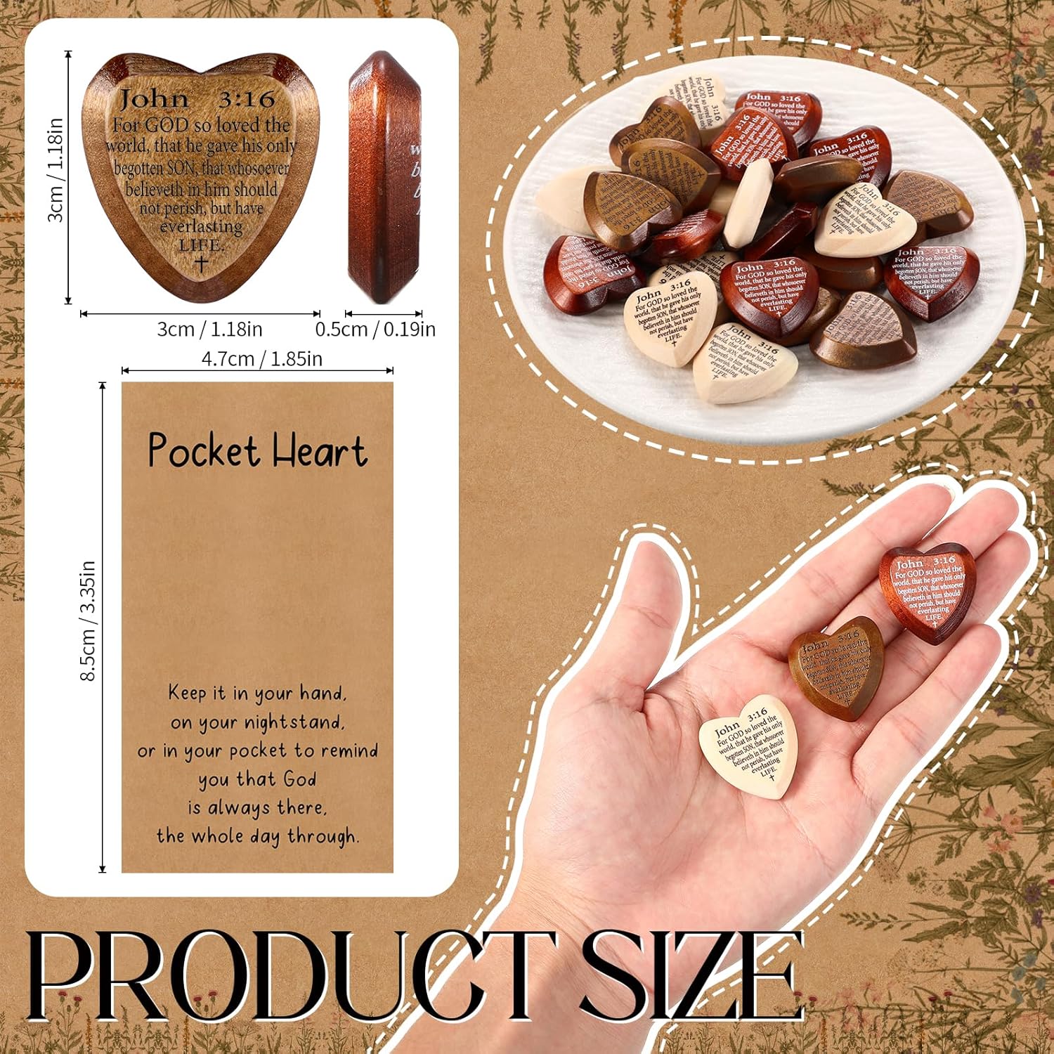 leinuosen 30 set christian gifts john 3: 16 pocket hug heart token wooden bible verses token with prayer cards for church supplies sunday school (dark brown wood retro) 30 dark brown wood retro