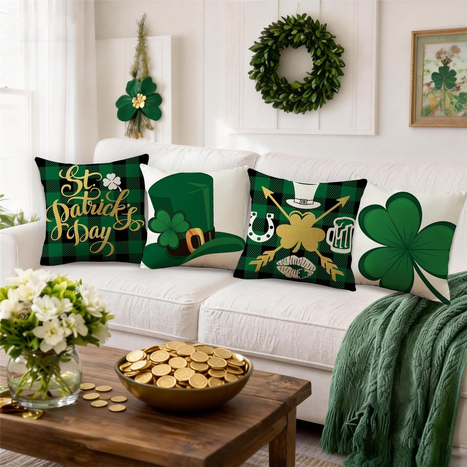 St Patricks Day Pillow Covers 18x18 Buffalo Plaid St Patricks Day Decorations Lucky Clover Hat Throw Pillow Covers Shamrock Cushion Case for Sofa Couch Set of 4 - Image 5