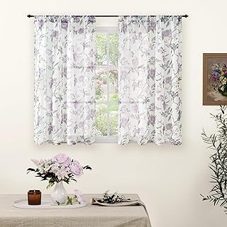 Sheer Curtains 54 Inch Length 2 Panels Set, Lavender Floral Patterned Linen Look Semi-Sheer Light Filtering Short Farmhouse Curtains for Bedroom Window, Rod Pocket, Purple, Each 52 Inch Wide - Buy now