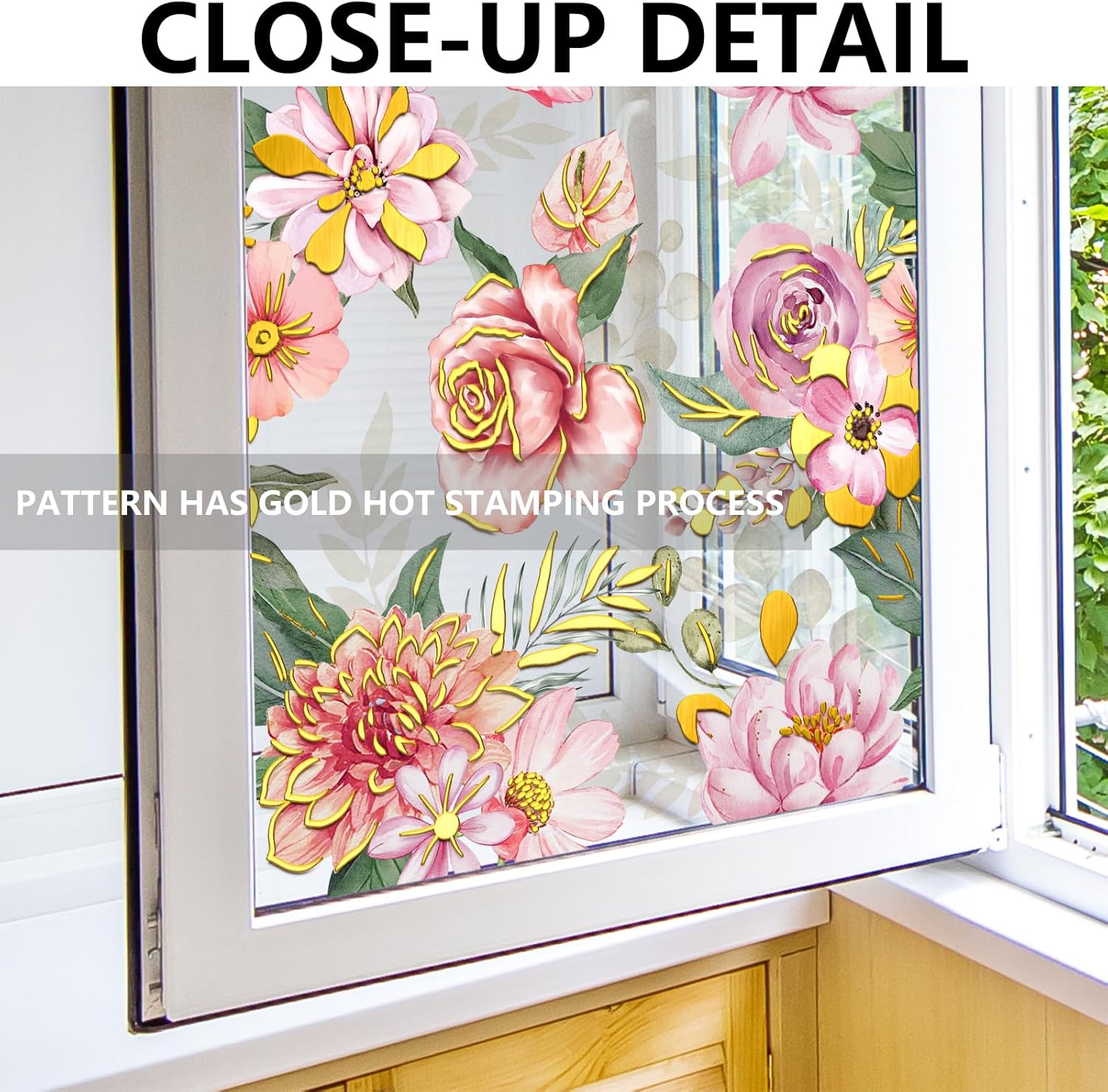 Pink Rose Stained Glass Privacy Window Decal -Window Films Floral Decor Static Cling Peel & Stick Removable Stickers for Door Living Room Bathroom Glass,31 cm x 121 cm