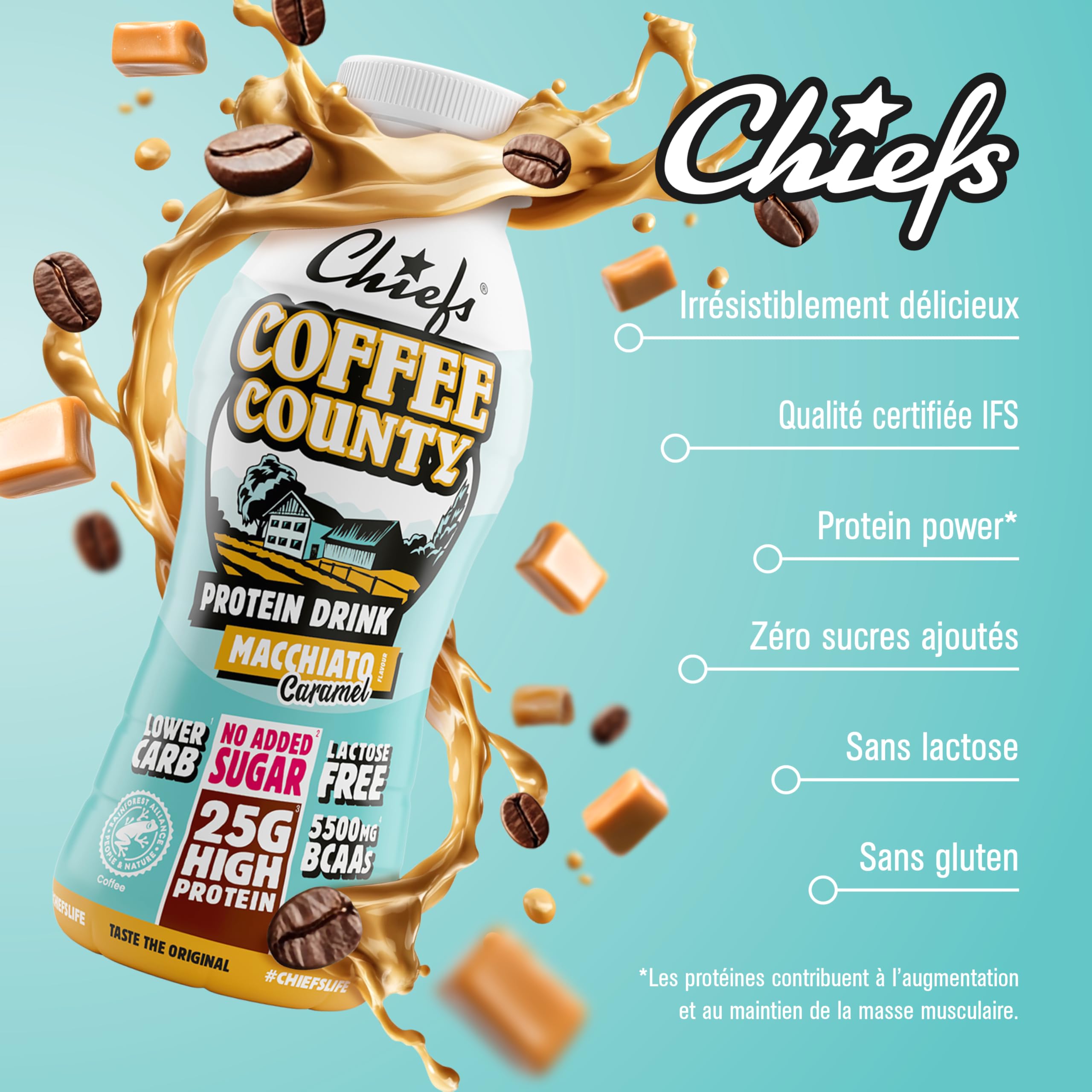 Boisson protéinée - Chiefs Milkshake Macchiato - Sans sucre ajouté et sans lactose - Riche en protéines avec 25 g de protéine - Bouteilles de 8 x 330 ml - Délicieux goût crémeux