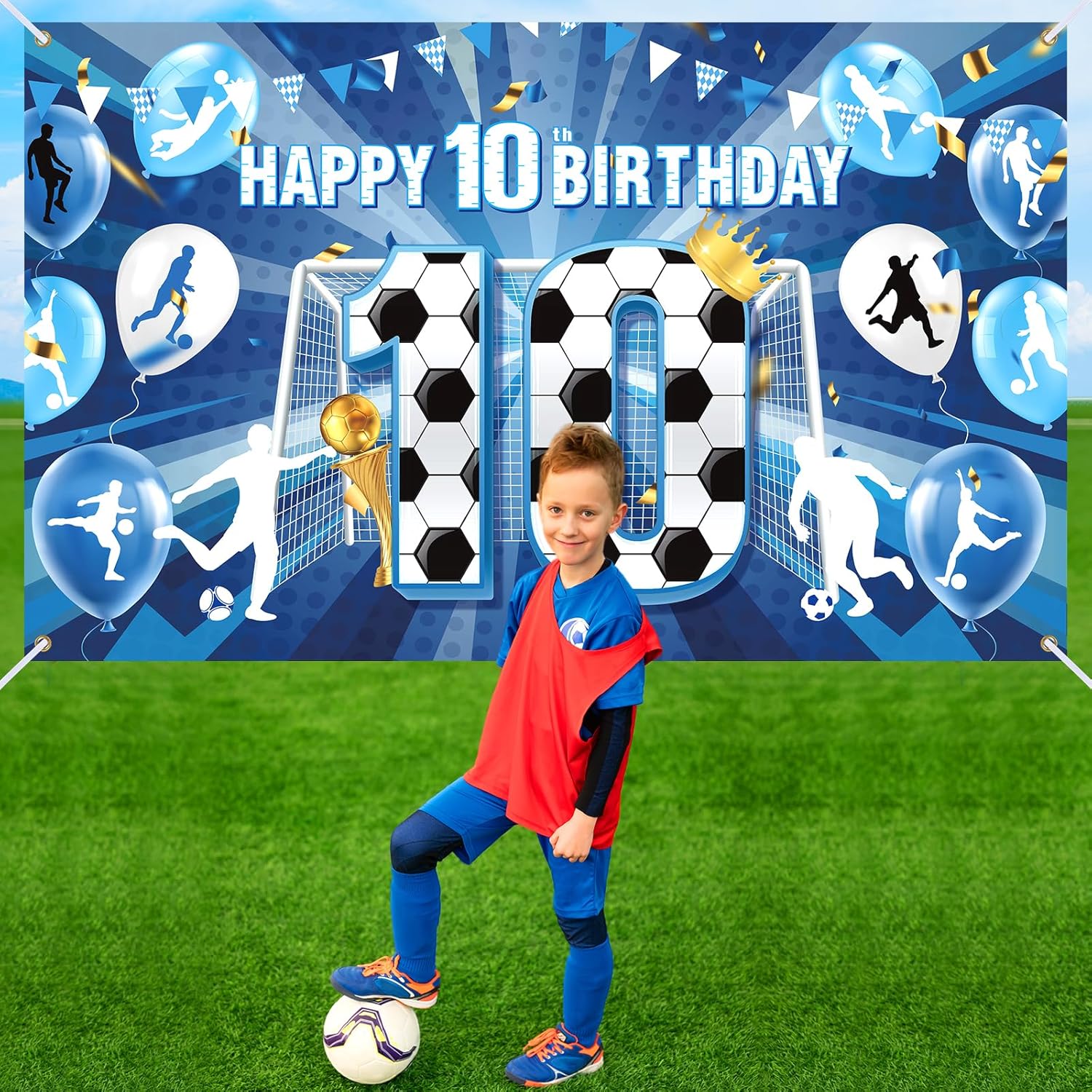 Soccer 10th Birthday Banner Decorations for Boys Blue Soccer Happy 10th Birthday Banner Large Sports Themed Soccer Ball Party Backdrop for Girls Teens Football 10th Birthday Anniversary Party Supplies - Image 7