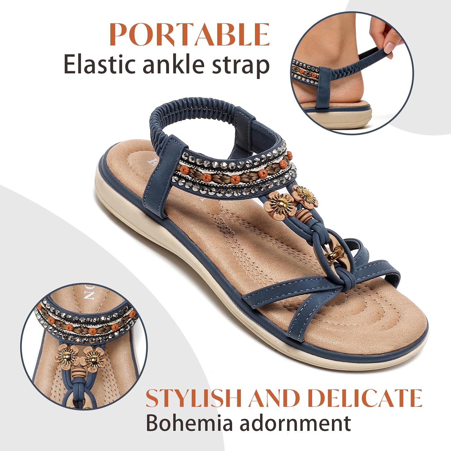 Women’s Arch Support Sandals – Comfortable Walking Summer Beach Shoes with Elastic Ankle Strap, Rhinestone Bohemian Dressy Flats for Travel & Casual Wear