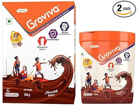 Groviva Wholesome Child Nutrition for Growth & Development - 750g (2*375g poches in Box) (Chocolate) & Groviva Wholesome Child Nutrition for Growth & Development - 200g Jar (Chocolate)