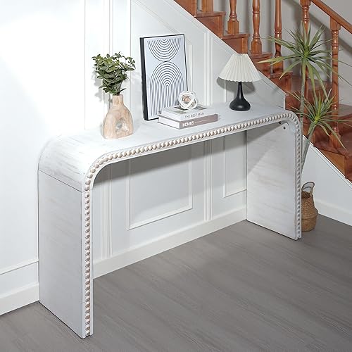Miniatura 6 de Mesa consola blanca moderna de 59 pulgadas con cuentas de madera, mesa de entrada de madera rústica con estilo cascada curva, mesa de sofá de granja