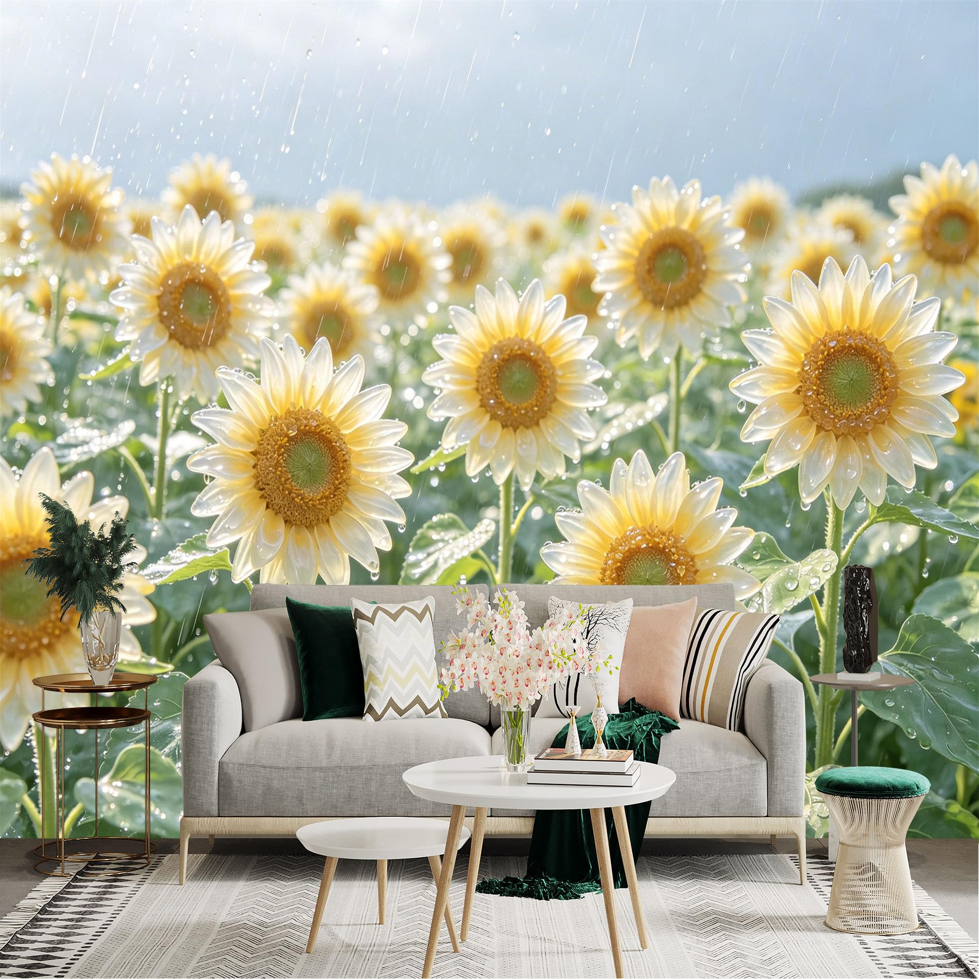 Lnzczhyre Dbh260521828 Custom Size Wall Sticker Mural， Sundrenched Yellow Sunflower Field， Fresh Botanical Rain Drops， Natural Meadow Scenery， For Wall Decoration， Peelandstick Wall Decals.