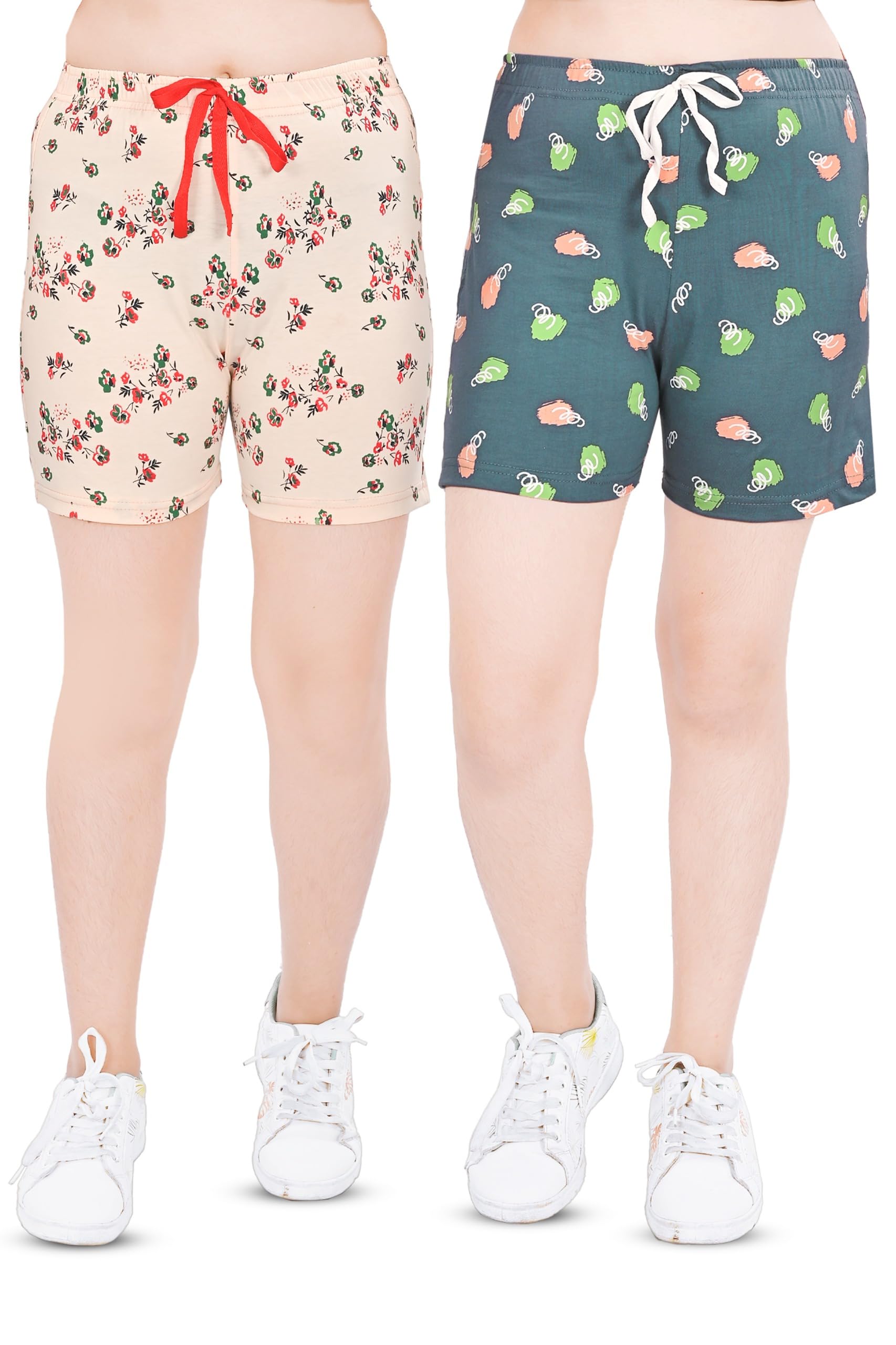 Women's Floral and Vegetable Print Cotton Shorts, Set of 2, Peach and Teal-image-47