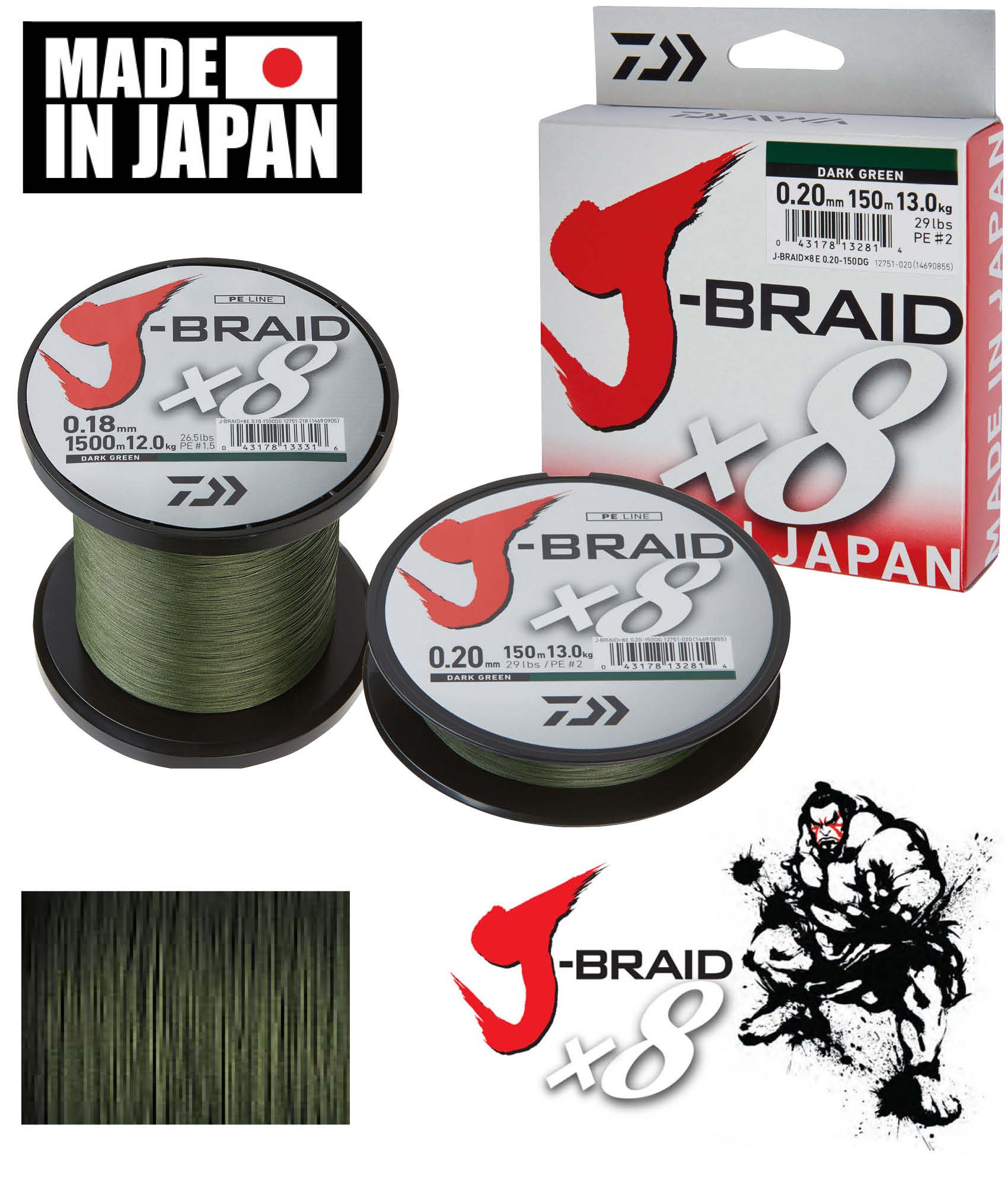 Daiwa J-Braid 8 Braid 0.20mm, 13.0kg / 29.0lbs, 1500m dark green, round braided fishing line