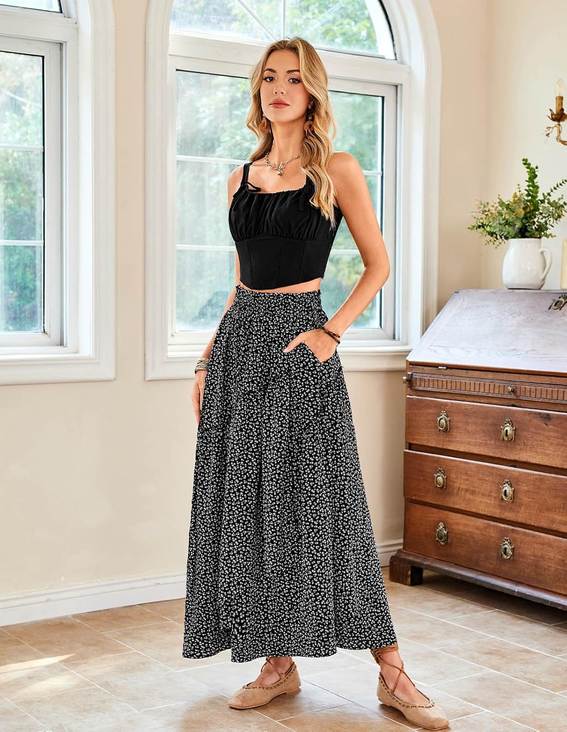 Scarlet Darkness Women Floral Print Boho Skirt Elastic High Waist Long Maxi Skirts with Pockets - Image 4