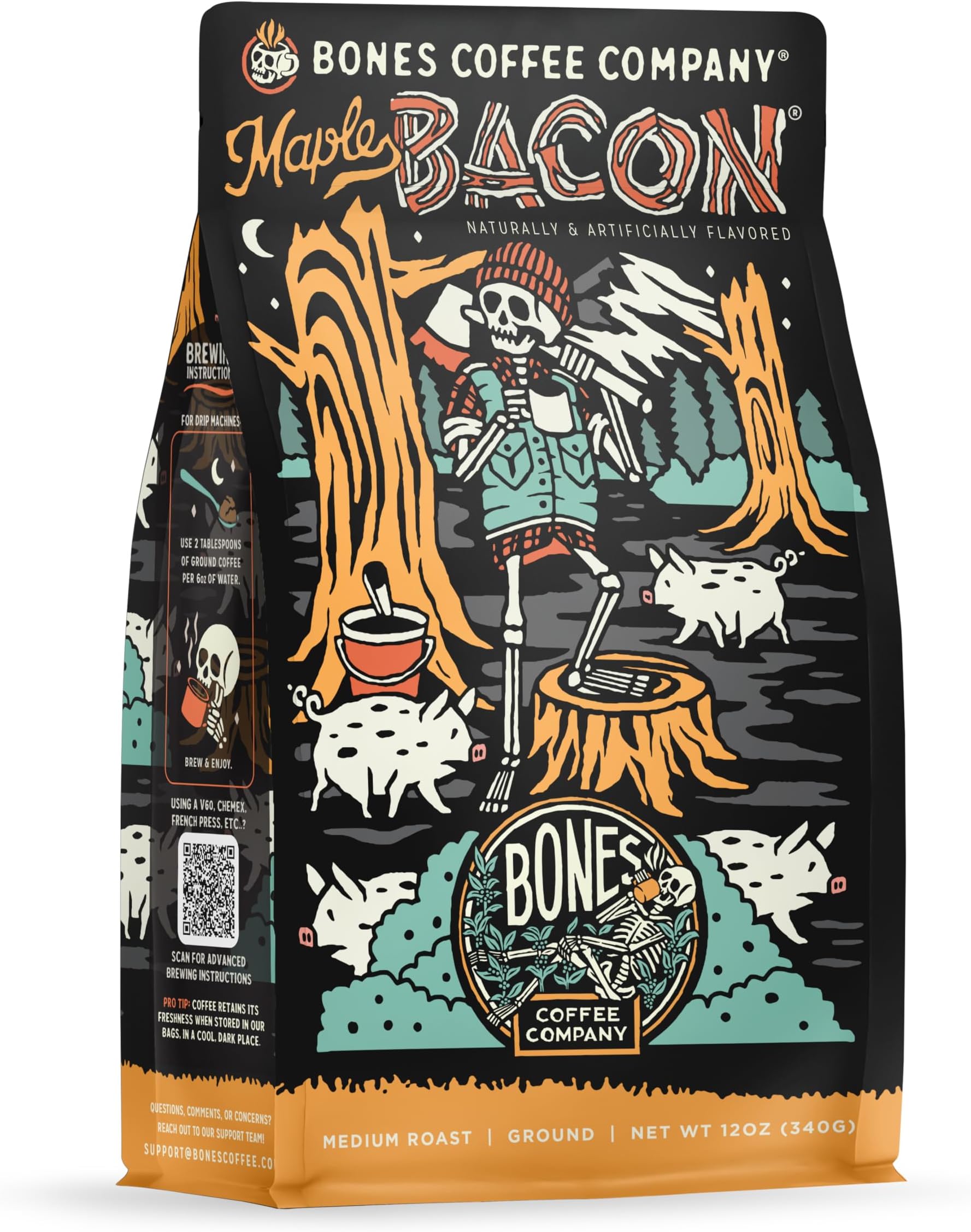 Maple Bacon, Bacon and Maple Syrup Flavored Coffee, Medium Roast Low Acid Arabica Beans Compatible with Auto drip and French Press Coffee Maker, 12 Oz Ground