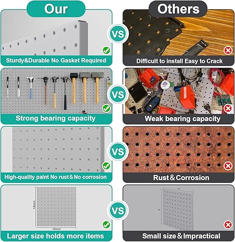 Miniatura 5 de Tablero de clavijas, paquete de 4 paneles de metal de color gris, organizador de pared con marco doblado, tablero grande y resistente para paredes,