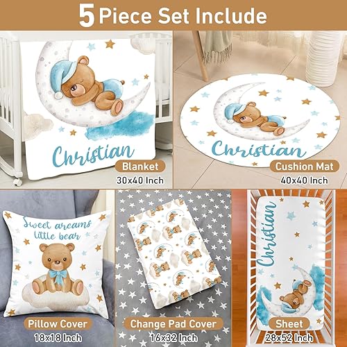 Miniatura 2 de Juego de ropa de cama personalizado para cuna juego de guardería con nombre personalizado y tema impreso, juego de cuna de 5 piezas suave y seguro