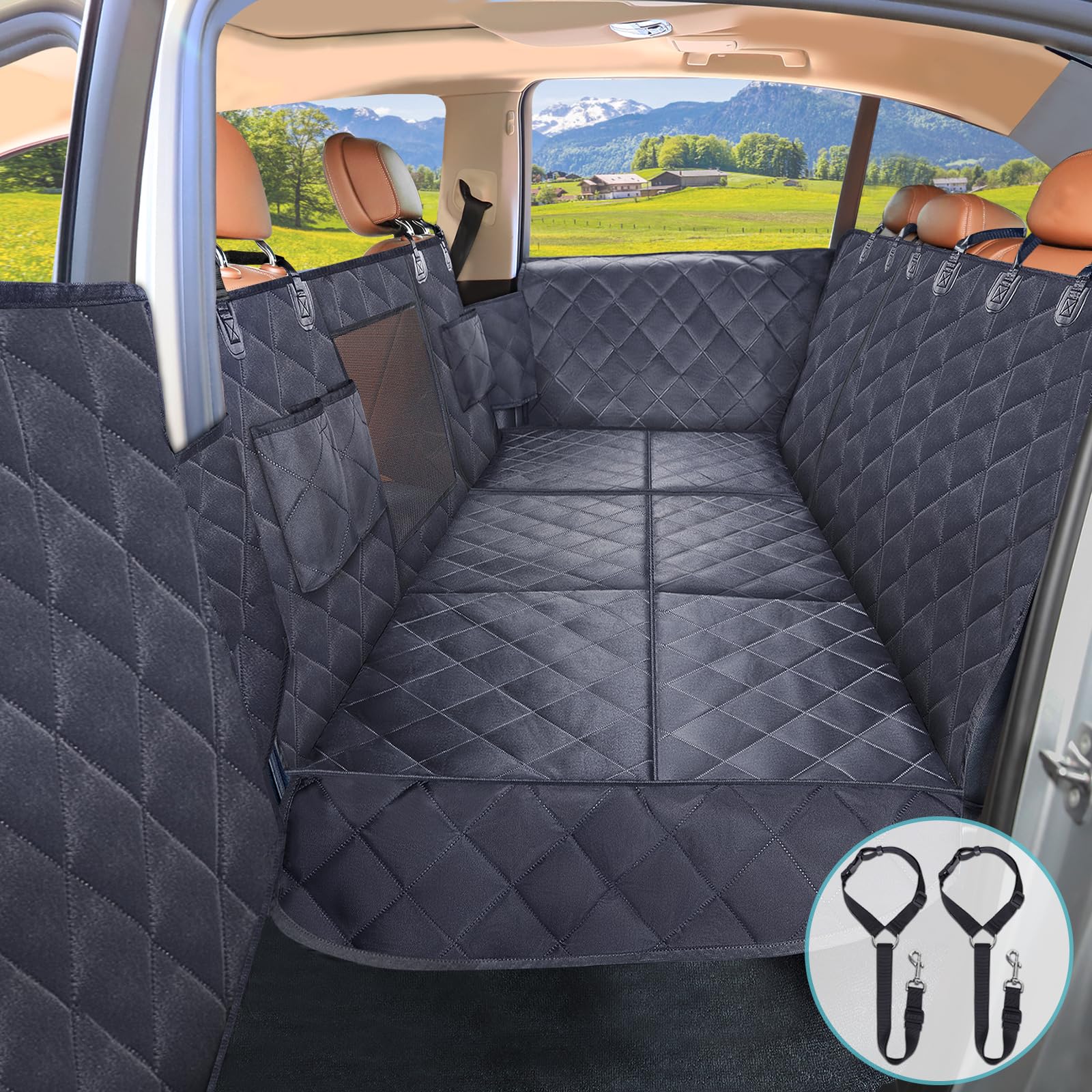 Back Seat Extender for Dogs + 2 Dog Seat Belts, Waterproof Heavy Duty Hard Bottom Car Seat Cover for Dogs with Door Protector Cover & Mesh Window | Dog Hammock for Car Pet Seat Protector for Car/Suv