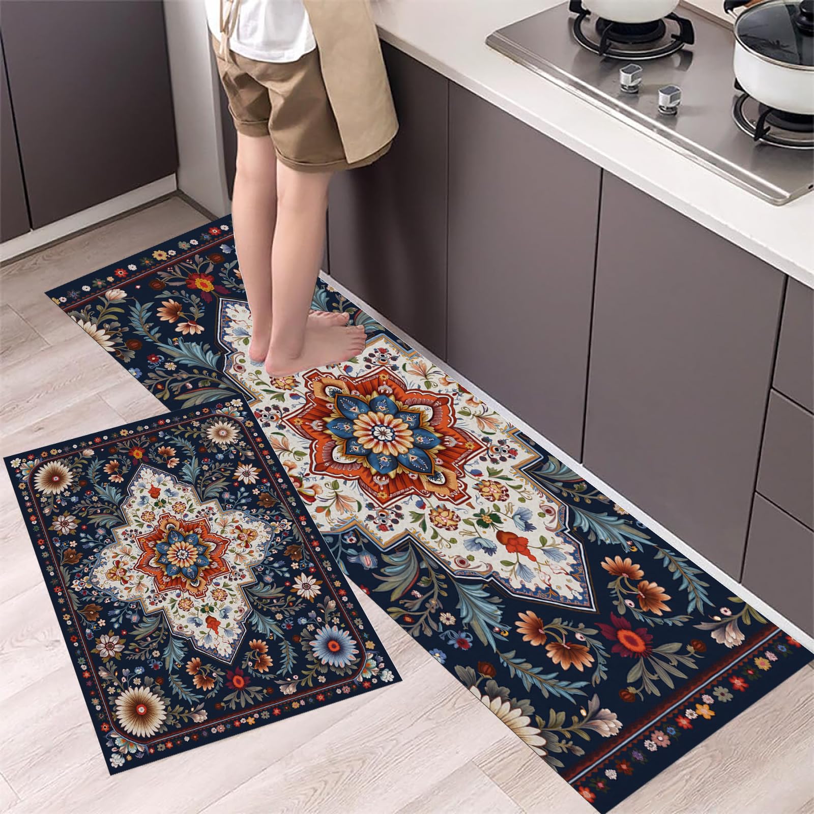 Tapis de cuisine lavable style persan bleu résout les sols glissants et tachés