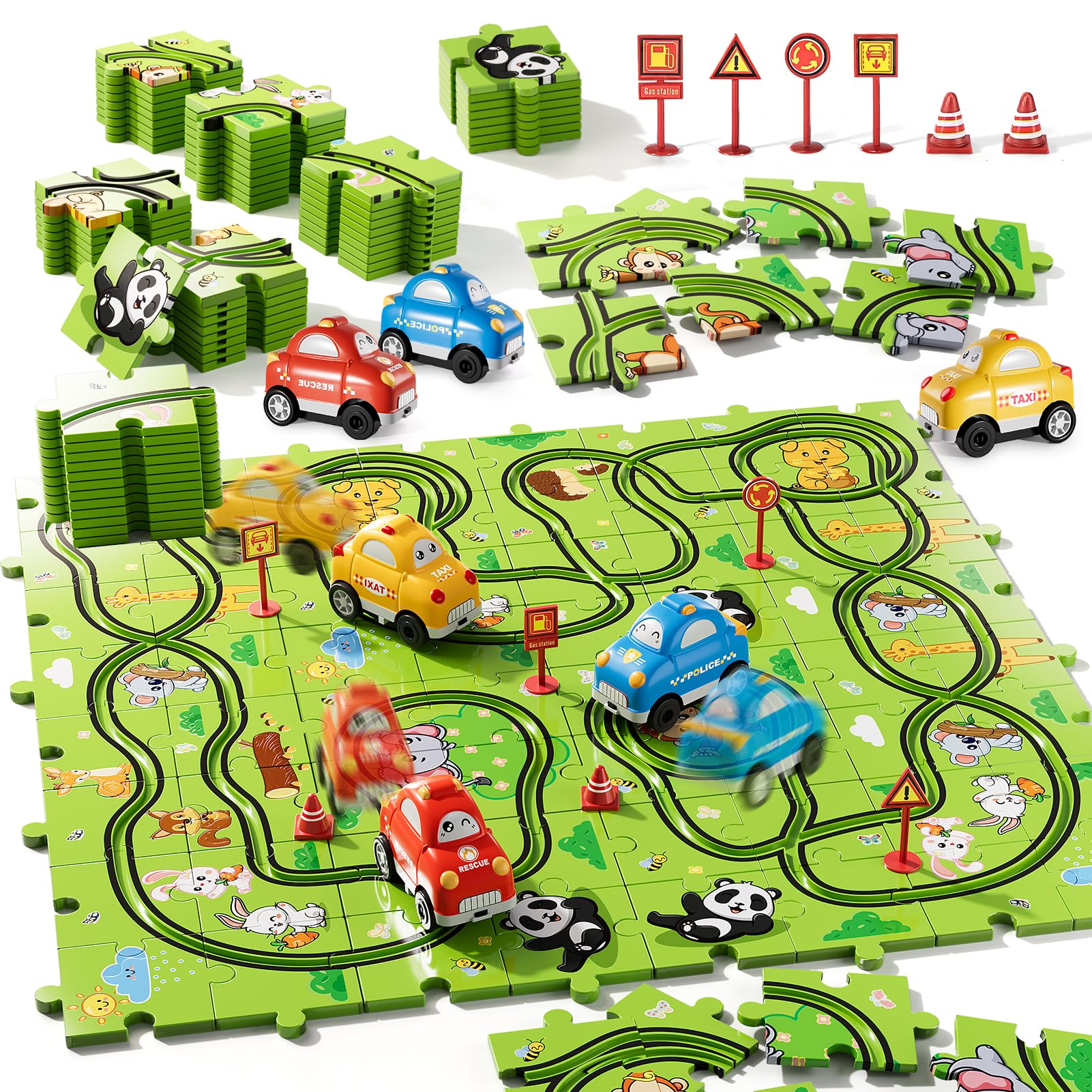 Bennol Toddler Toys Gifts for 2 3 4 5 Year Old Boys, 73 Jigsaw Puzzle Race Track Car Set Toys for Kids Boys Toddlers 1-3 2-4 3-5 4-6, Puzzle Tracks Car Toys Gifts for 2 3 4 5 Year Old Boys Kids