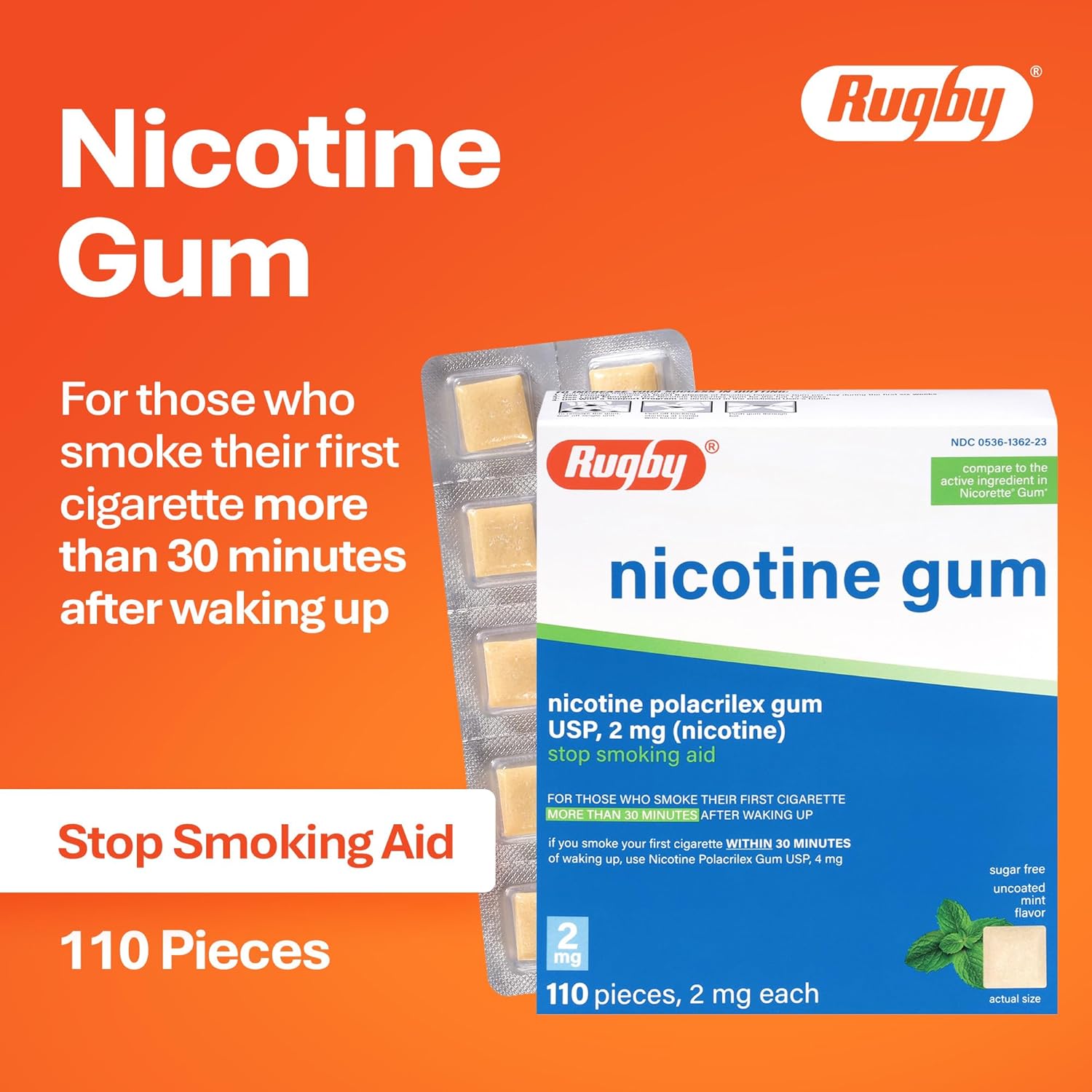 Rugby Polacrilex 2mg Nicotine Gum - Mint Flavor, Quit Smoking and Vaping Aid, Sugar-Free, 110 Count (2-Pack)
