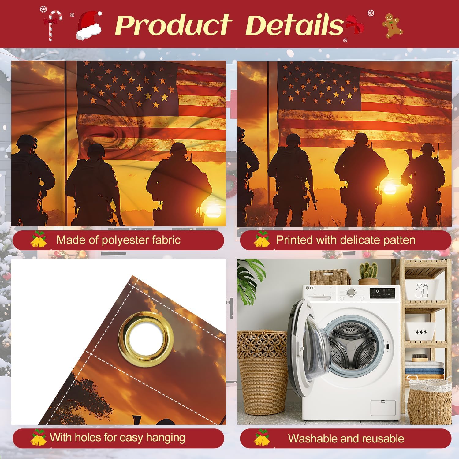 16x7Ft Patriotic American Soldier Silhouette Garage Door Decoration Flag, Military Tribute flag - Sunset USA Flag Themed Outdoor Decor