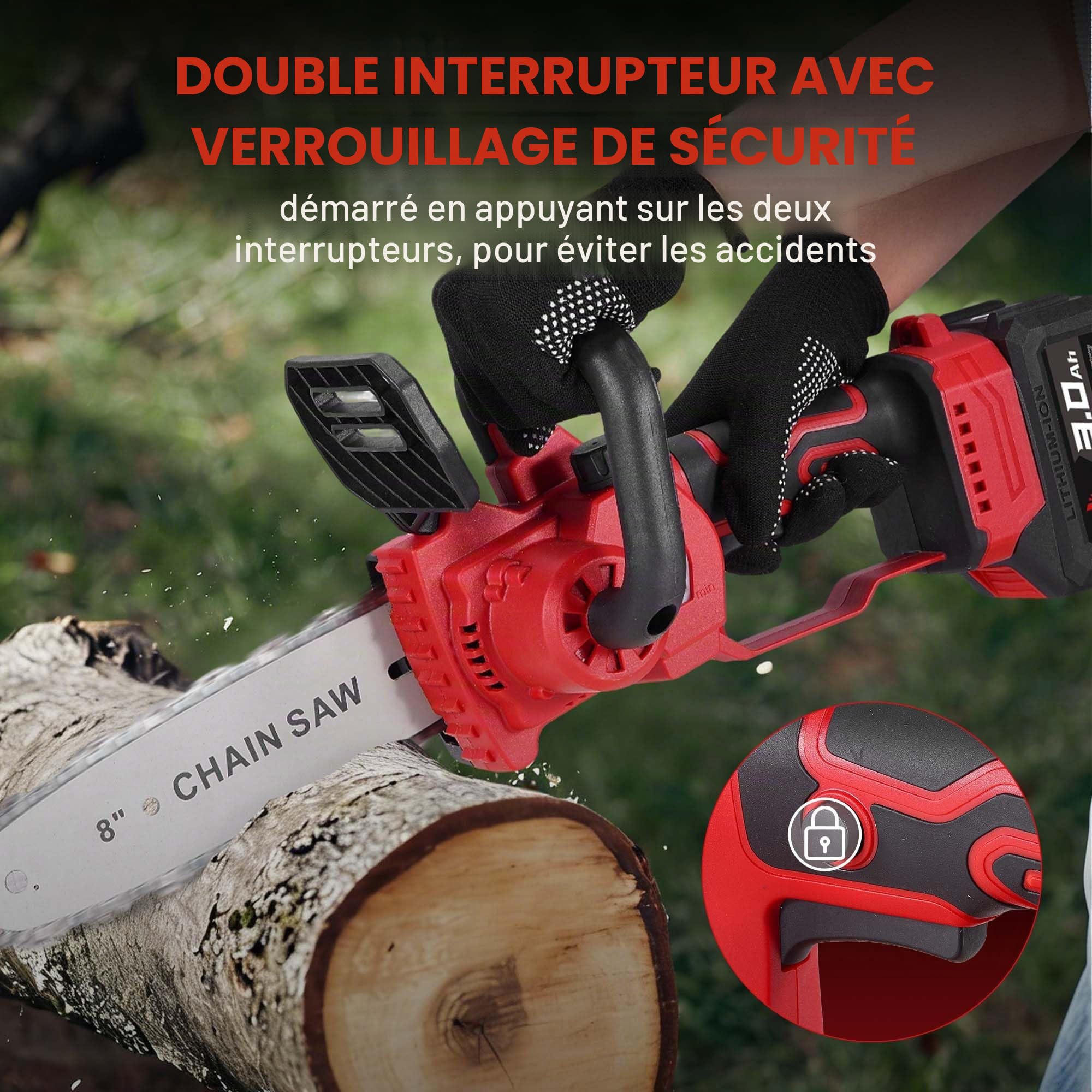 ONEVAN Tronçonneuse sans fil, 8 et 10 pouces, graissage automatique | Con 2x 3.0Ah batteries, diamètre de coupe 20cm, brushless vitesse de coupe de 10m/s, remplacement du guide-chaîne sans outil