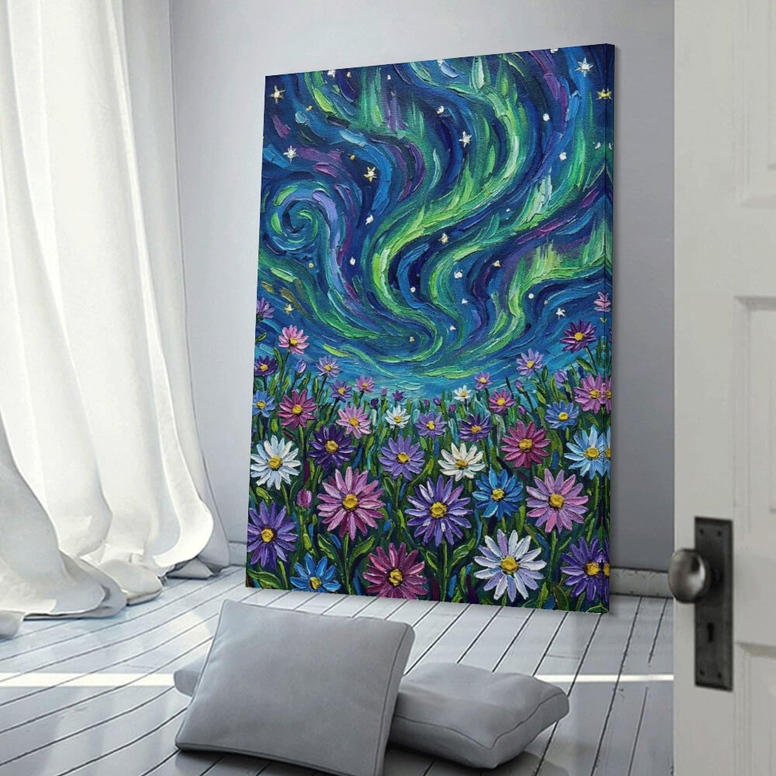 Junmoney Aurora Borealis over Flower Field Painting Wall Art Print, 12x18inch(30x45cm), for Entryway, Lounge Links Or Small Walls, Decorative Canvas Styling for Entry Areas