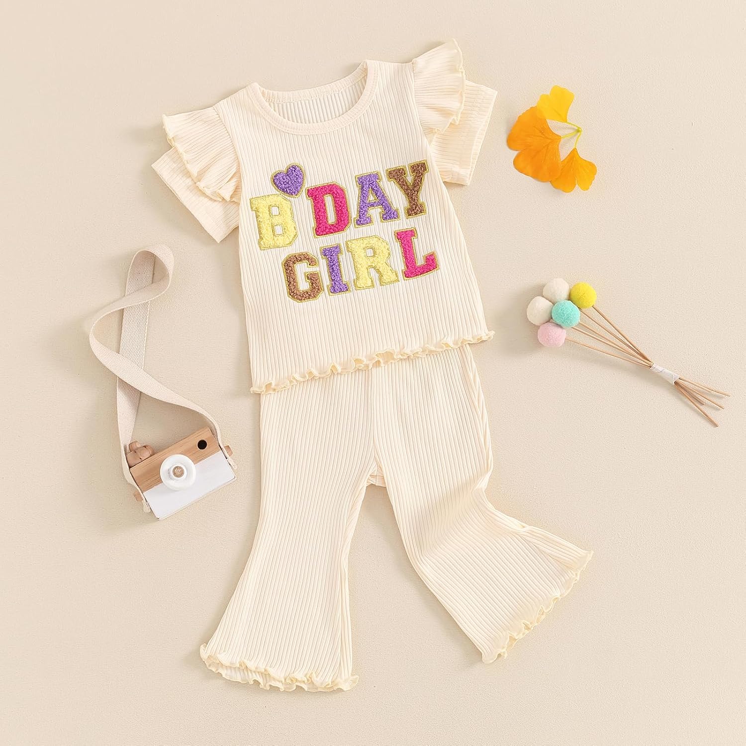 Kayotuas Toddler Baby Girl Birthday Outfit Ruffle Ribbed Knit Short Sleeve T-Shirts Tops Flare Pants Cute 2 Piece Clothes Set - Image 3