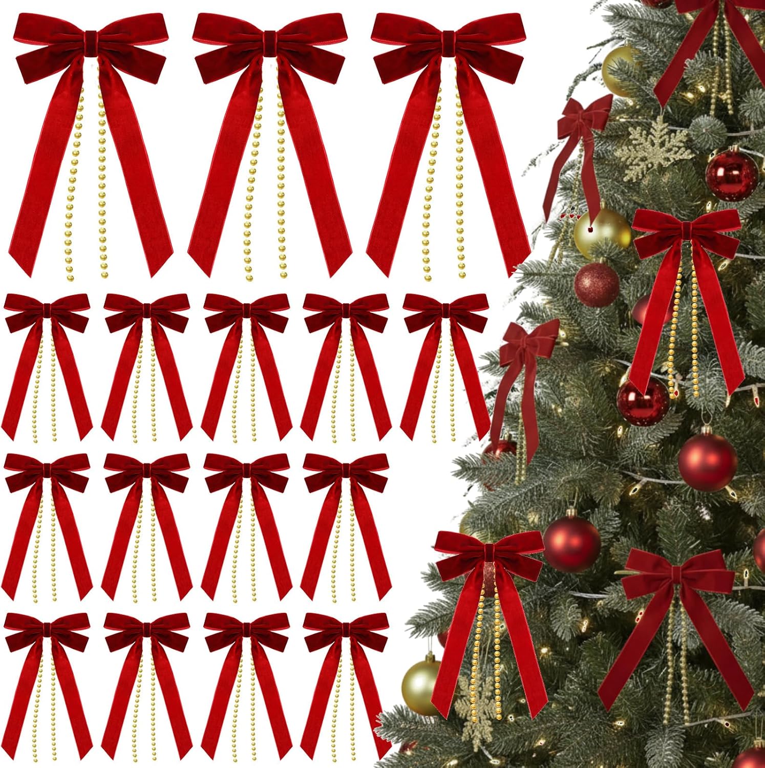 24 Pcs Velvet Ribbon Bows for Christmas Tree, Rustic Ribbon Ornaments Vintage Crafts Wreath Bows for Xmas Door Garland Gift Wrapping Decorations(Gold)