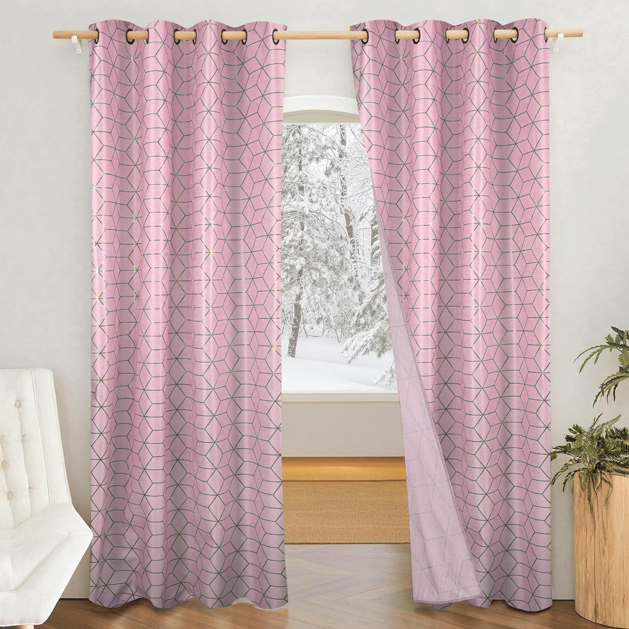 Amazon Brand - Solimo Polyester Knitting Foil Door Curtains | Honeycomb Printed Pattern | Light-Filtering | Grommet Top | 7 Feet (Pack of 2, Peach)-image-22