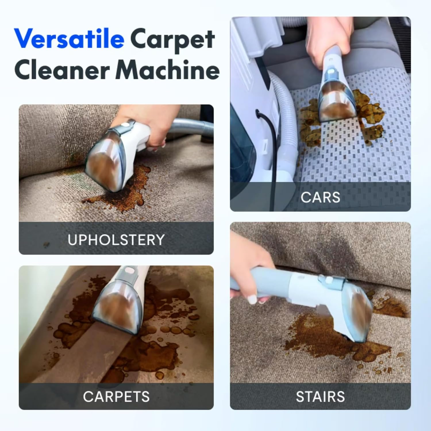 Portable Carpet Cleaner Machine, Upholstery & Spot Cleaner for Stains, Odors, and Pet Hair, Strong Suction for Carpets, Rugs, Car & Couches, White