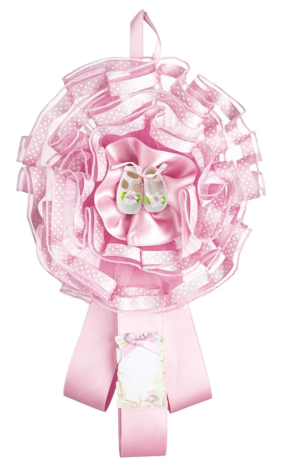 Tulle Birth Rosette Decorated with Polka Dot Ribbon, Satin Ribbon, Resin Decoration and Parchment Card for Name and Date Writing - Pink