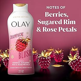 Olay Body Wash for Women, Hydrating & Moisturizing, Holiday Edition, With Plant Based Cleansers, B3 Complex, For All Skin Types, Champagne Blush with Berries Sugared Rim & Rose Petals Scent, 22 fl oz