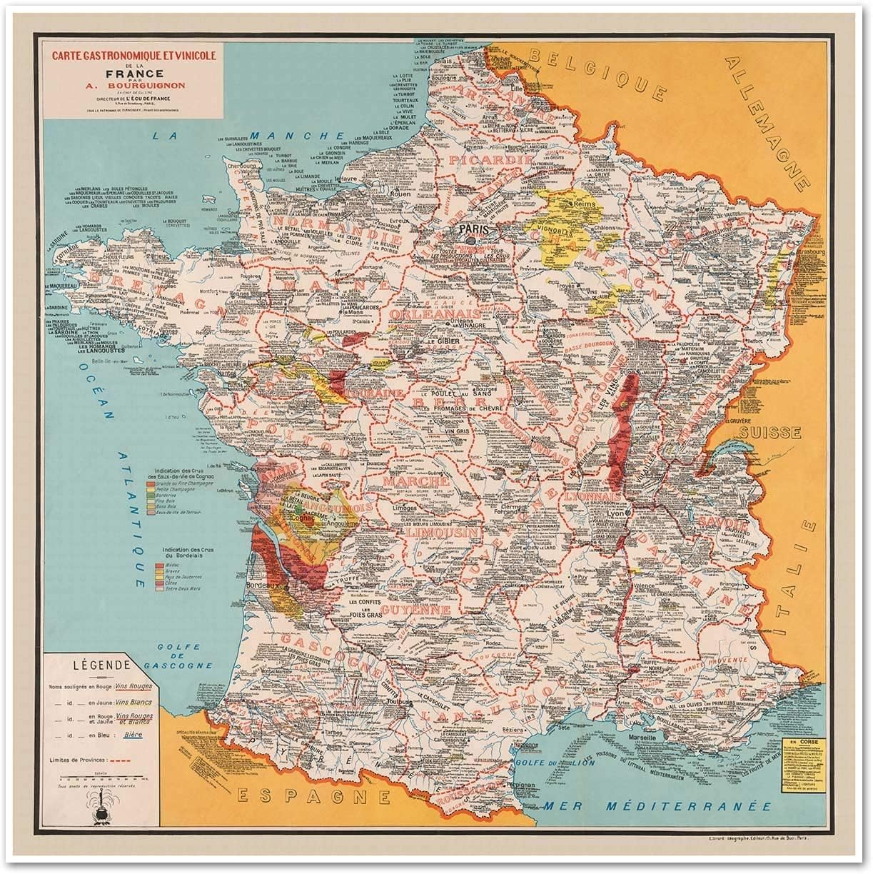 Antiguos Maps Gourmet France, French Food and Wine - Gastronomique et Vinicole de la France par A. Bourguignon circa 1932 | Vintage Wall Decor | Art Print Poster