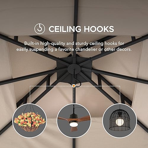 Miniatura 3 de Sunjoy Howards SummerCove - Cenador de acero para patio al aire libre, 11 x 13 pies, 2 niveles con techo de dosel gris oscuro, red y cortinas