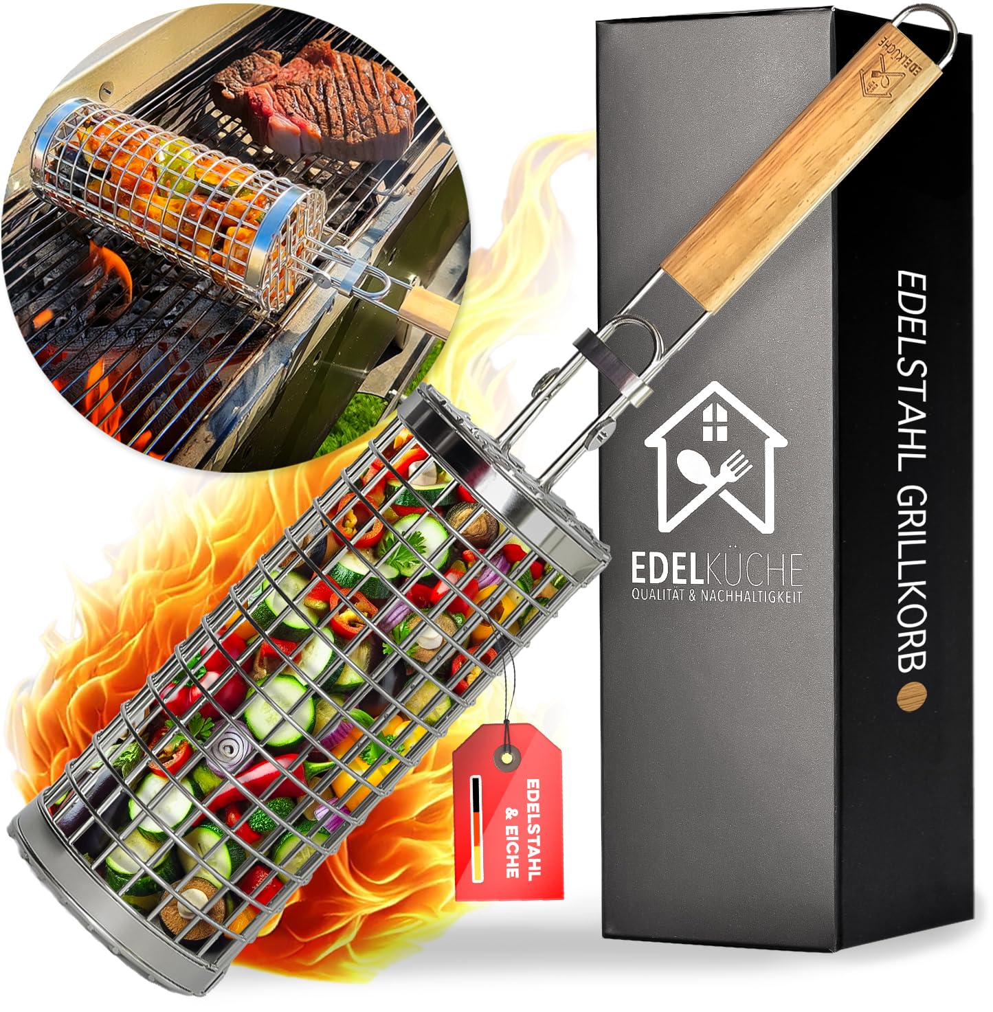 EdelKüche Premium Grillkorb aus Edelstahl für Gemüse und Fleisch | Rund, Zylindrisch | Grillzubehör | super Geschenk