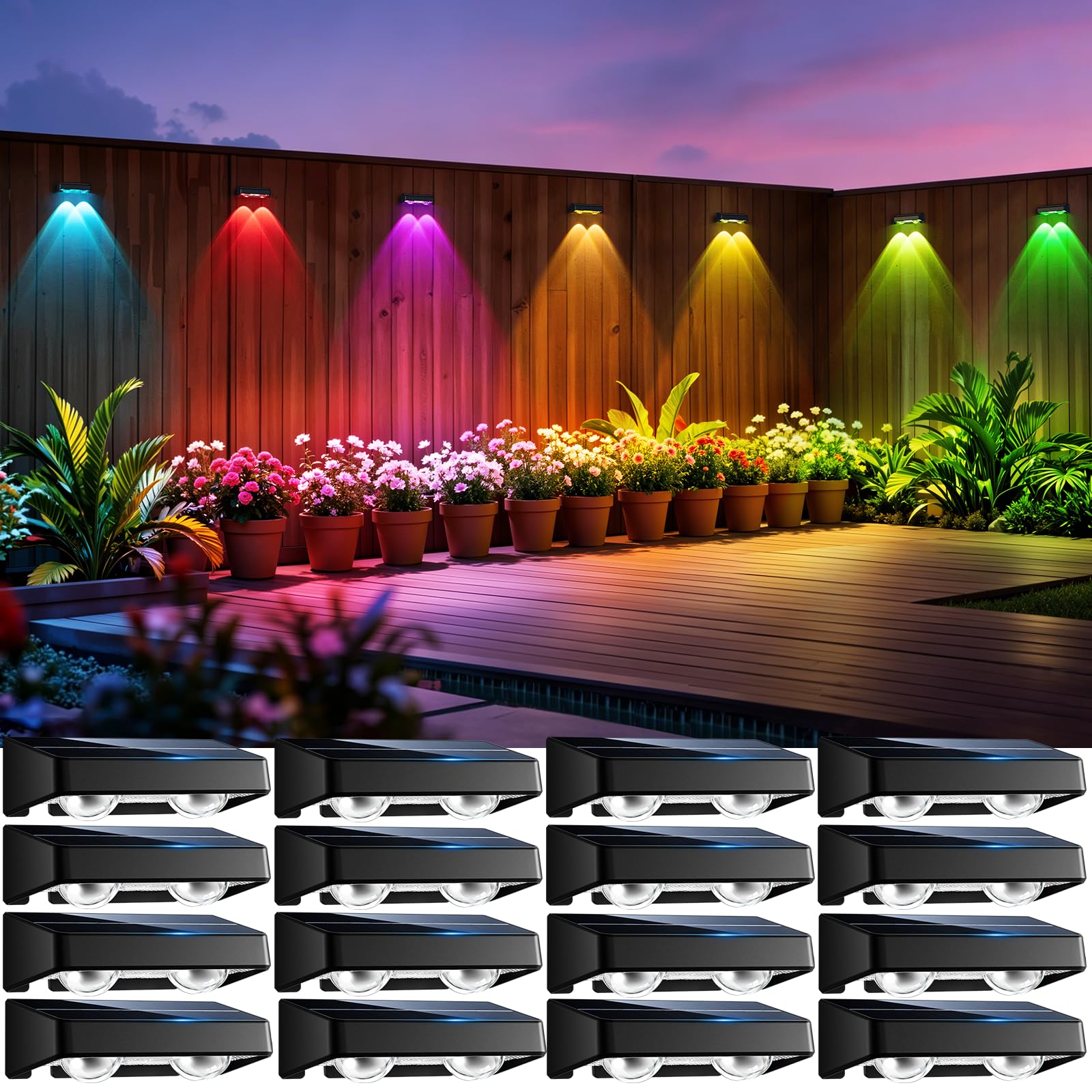 nibuuecer Solar Fence Lights Outdoor, 16 Pack Color-Changing Garden Lights Solar Powered IP65 Waterproof with 9 Colors & 11 Lighting Modes, Dusk to Dawn Solar Wall Lights for Fence, Patio, Deck Decor