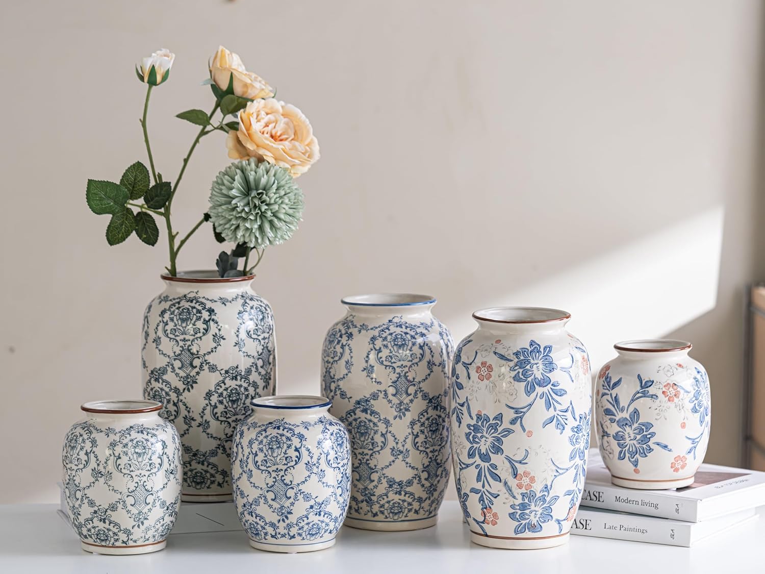 Blue and White Vase, Vintage Blue Ceramic Flower Vessel,Ceramic vases for Home Decor,Vintage Vase for Home Decor, Living Room, Shelf, Office, Rustic Table Centerpiece (Blue and white-01, Large) - Image 6