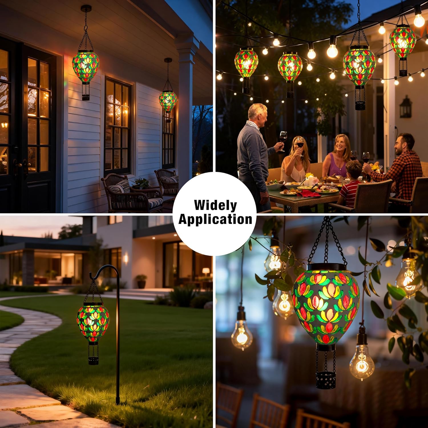 SAVENNA Mosaic Glass Hot Air Balloon Solar Lantern, Flickering Flame Effect Hanging Solar Light, Blue Green Purple Projection for Garden Patio Yard Outdoor Decor